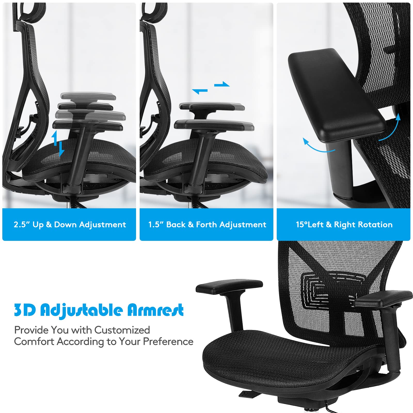 Ergonomic Office Chair, High-Back Mesh Executive Chair, with Adjustable Headrest, 3D Armrest, Lumbar Support, Reclining Backrest