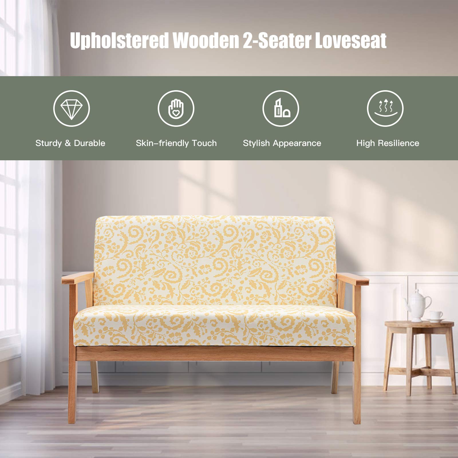 2-Seat Mid-Century Upholstered Wooden Loveseat w/Rubber Wood