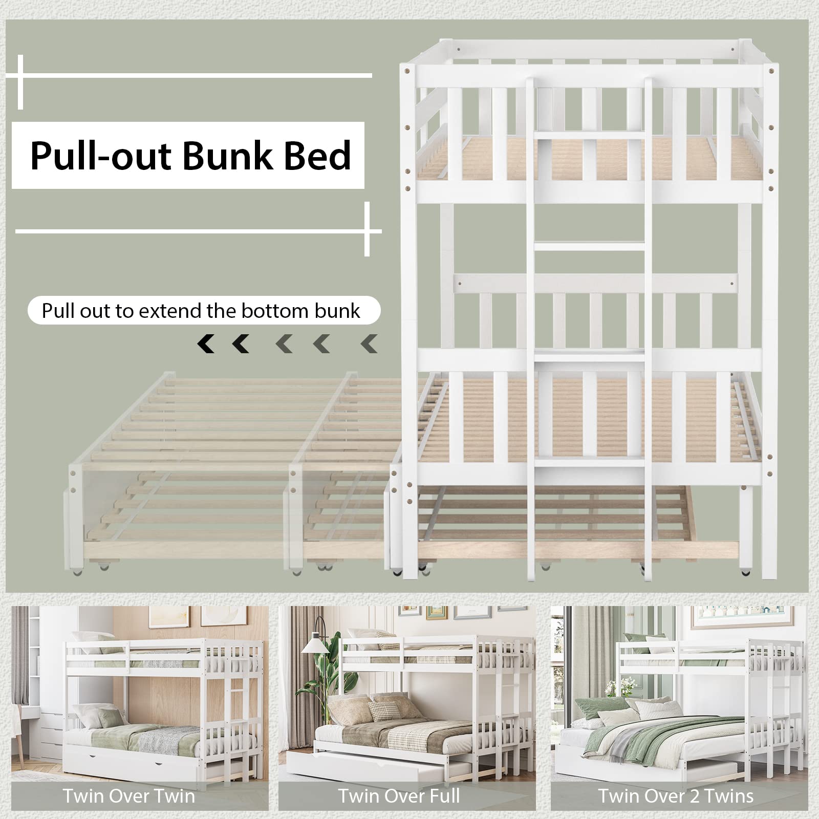 Twin Over Full Bunk Bed with Trundle,  Extendable Twin/Full/Queen/King Bunk Bed