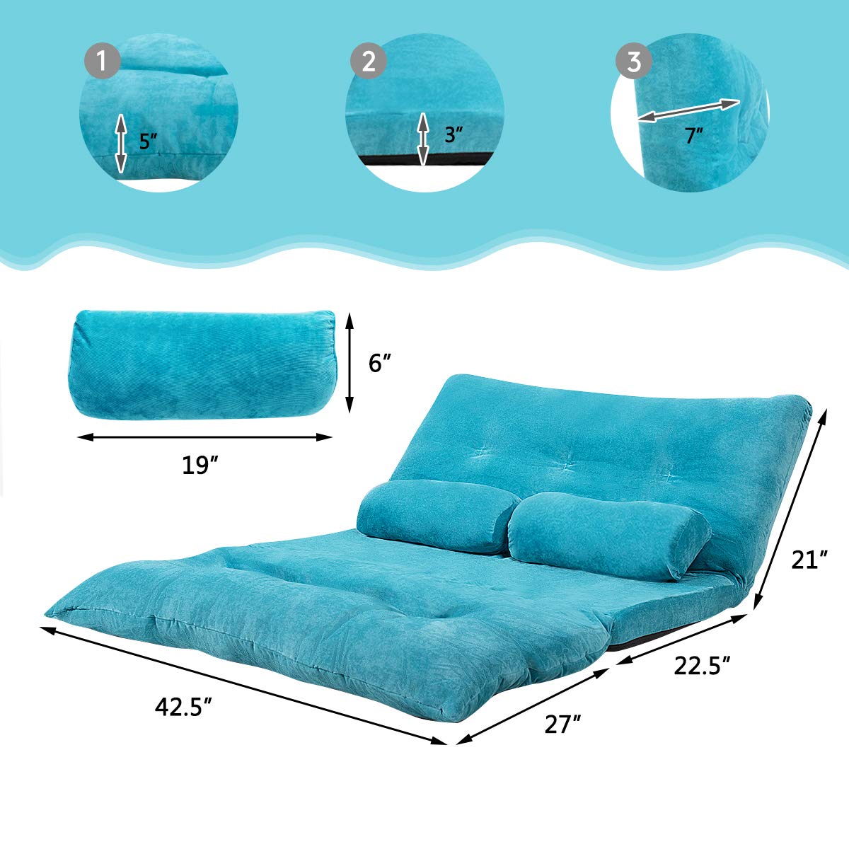 Multi-Functional 6-Position Foldable Lazy Floor Sofa with 2 Pillows