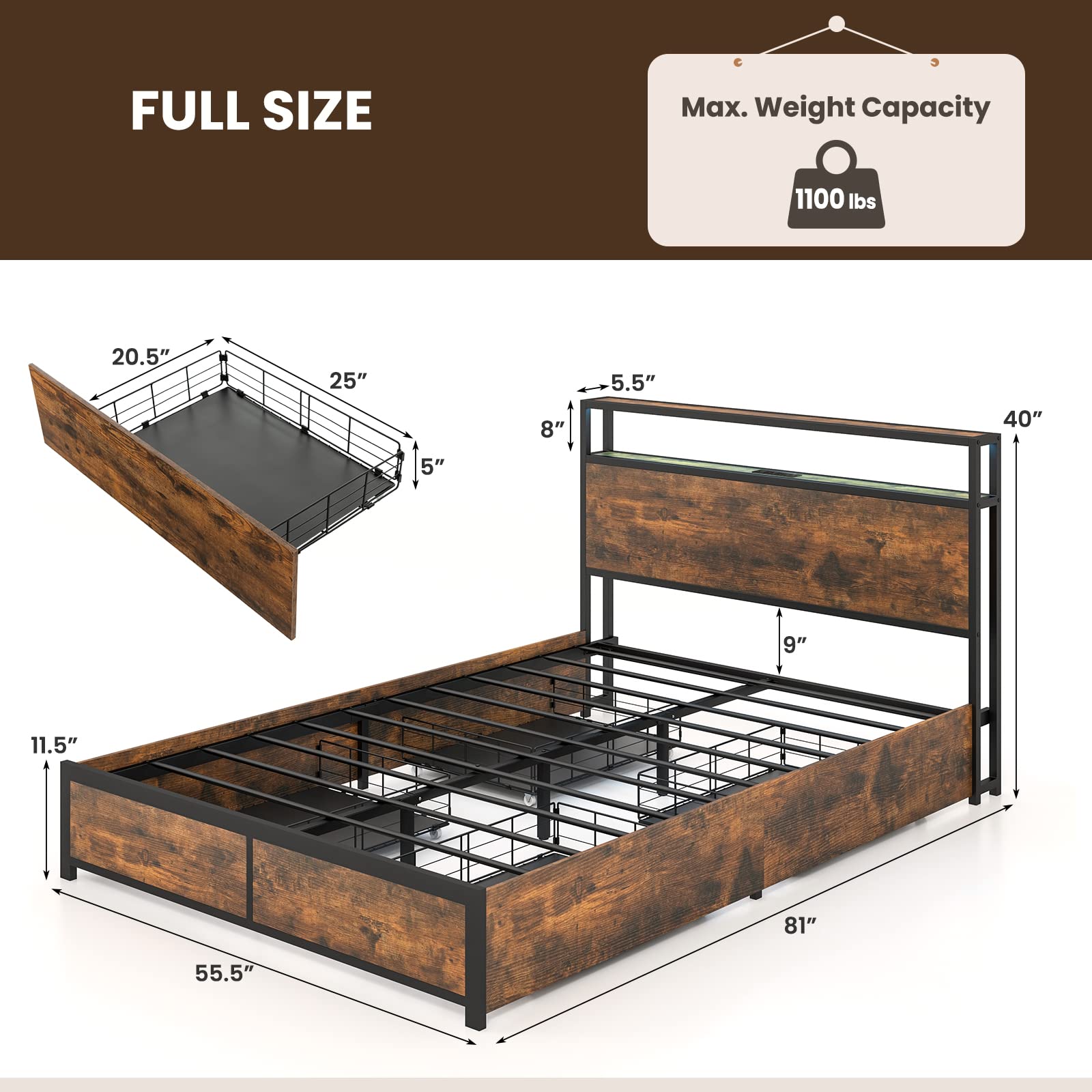 Metal Bed Frame with LED Lights Headboard and 4 Storage Drawers, Outlets and USB Ports Charging Station