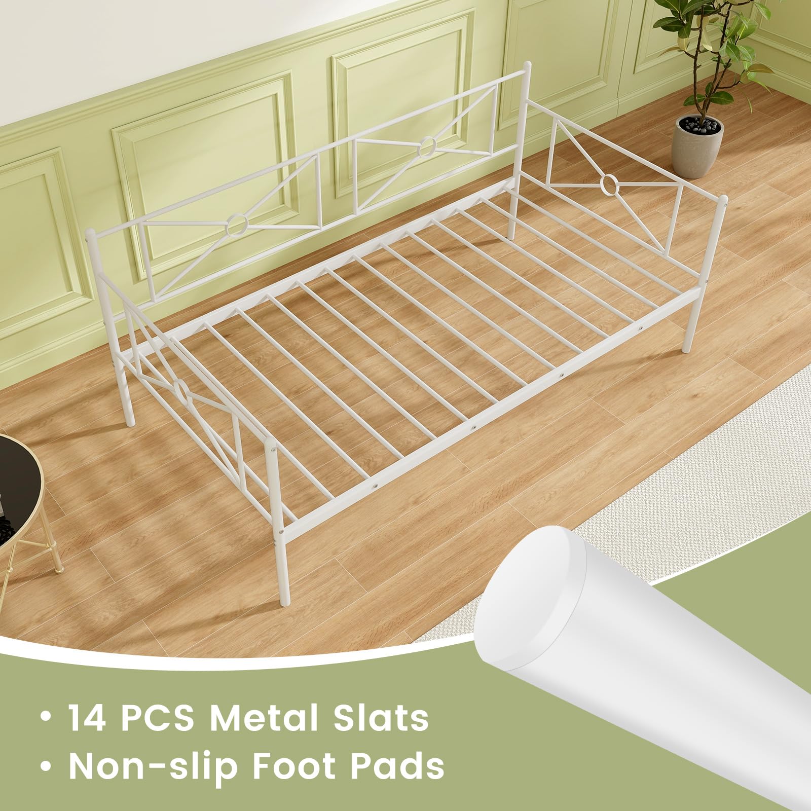 Twin Size Metal Daybed Frame, Heavy-Duty Steel Slats Support Platform Bed Frame, Multifunctional Sofa Guest Bed with Headboard