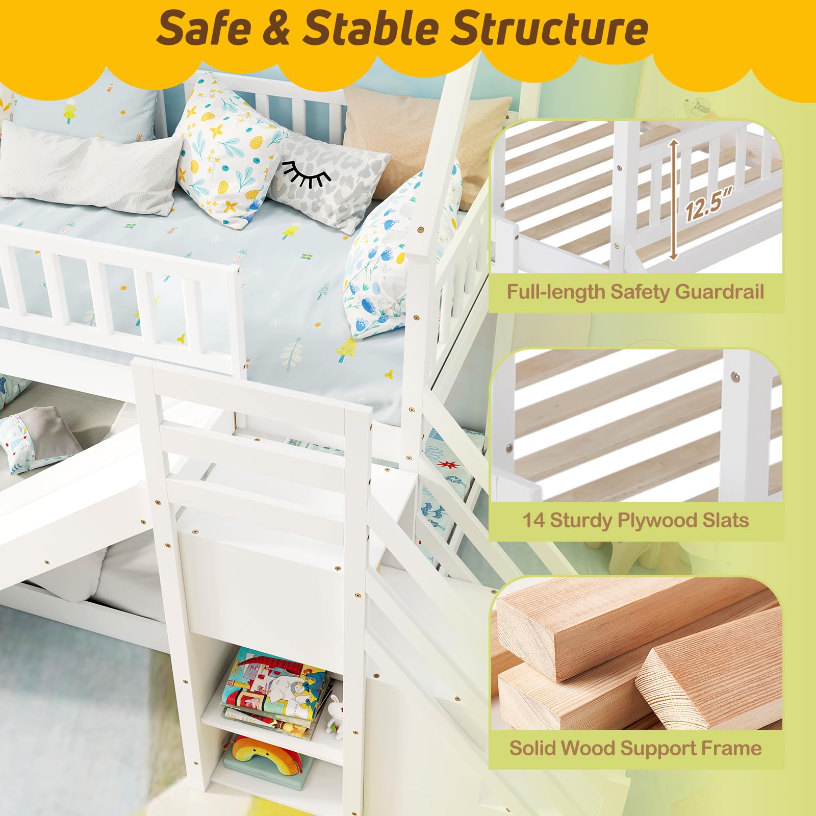 Twin Over Twin  Wood House Bunk Bed with Slide & Stairs, Storage Shelves