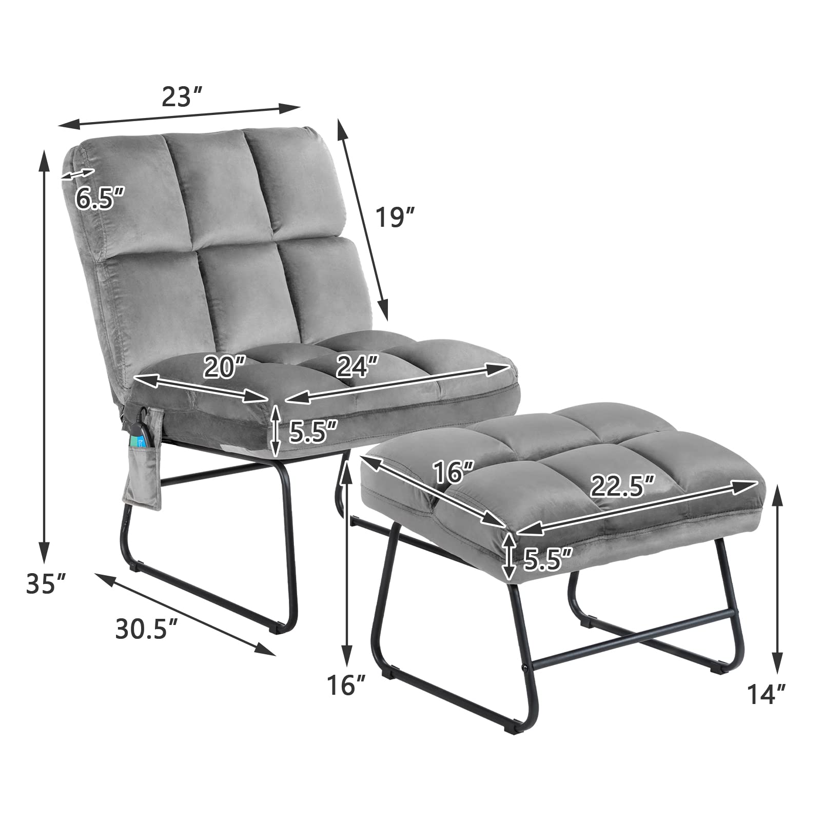 Massage Chair with Ottoman, 5 Vibration Modes & 4 Massage Motors, Velvet Fabric-Nice to Touch, Remote Control and Side Pocket