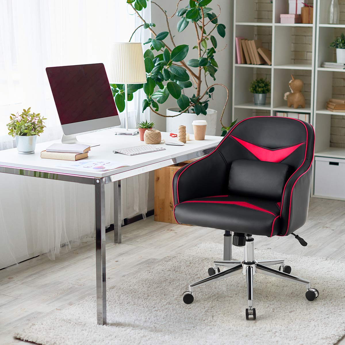 PU Leather Gaming Chair, Adjustable Height Mid-Back Armchair w/Massage Lumbar Pillow