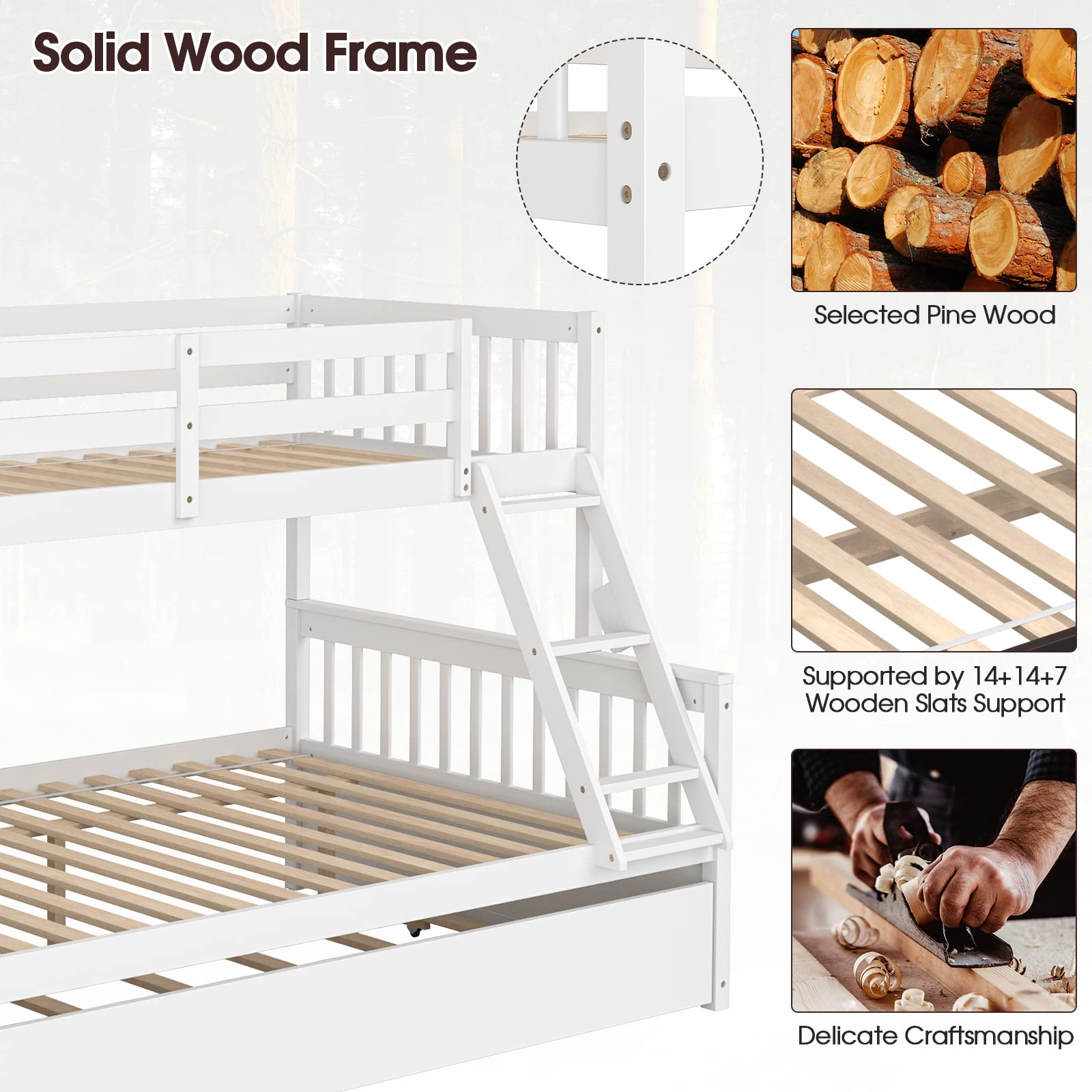Wood Twin Over Full Bunk Bed with Solid Pine Wood Frame
