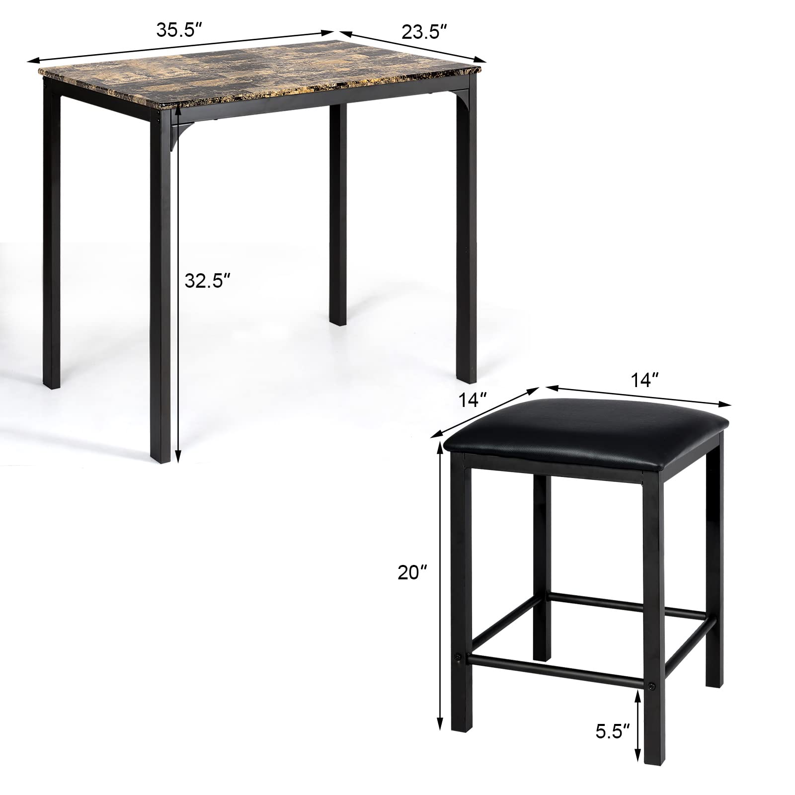 3 Piece Dining Table and Chairs Set with Faux Marble Tabletop 2 Chairs