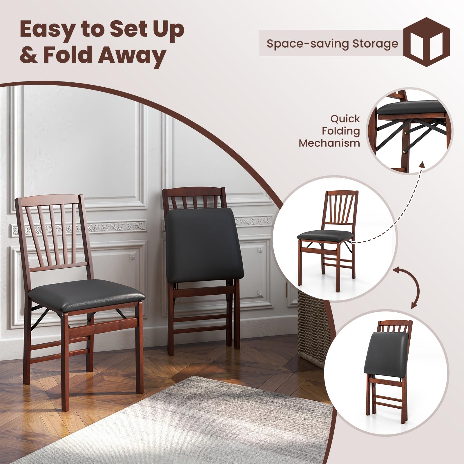 Folding Dining Chairs Set of 2/4, Foldable Wood Chairs with PVC Padded Seat & High Backrest