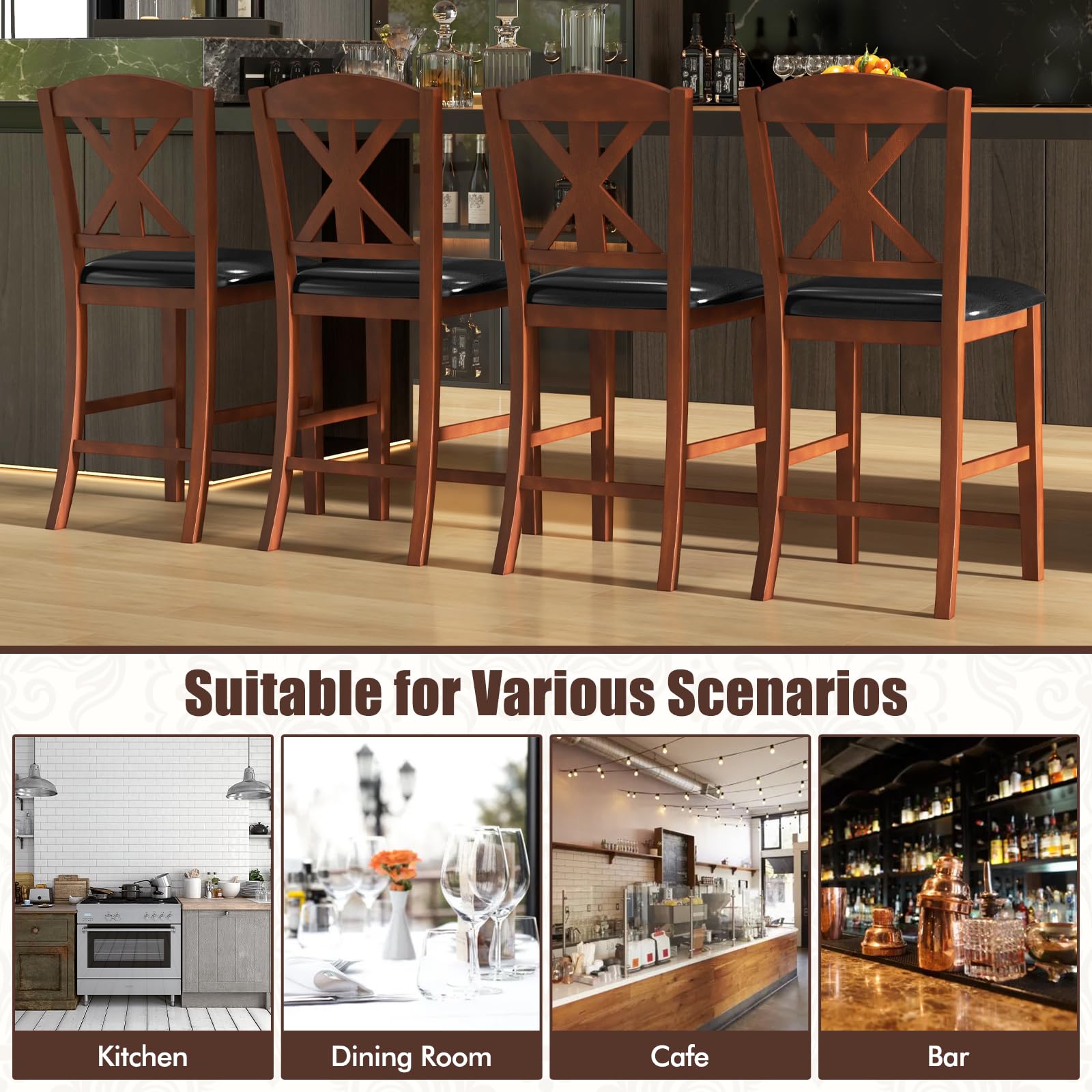 Wood Bar Stools Set of 2/4, 24" Upholstered Counter Height Bar Chairs w/Hollowed High Back, PU Leather, Rubber Wood Legs