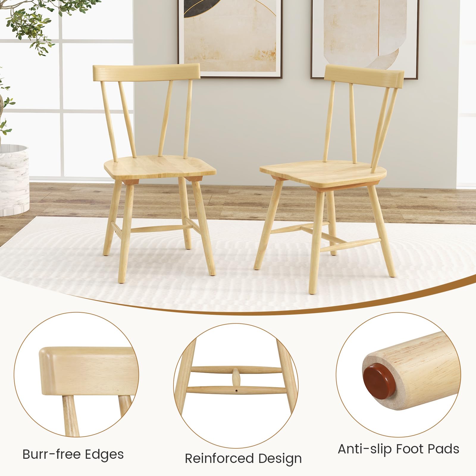 Set of 2/4 Windsor Chairs, Rubber Wood Dining Chairs with Spindle Back, Wide Seats, Anti-Slip Foot Pads