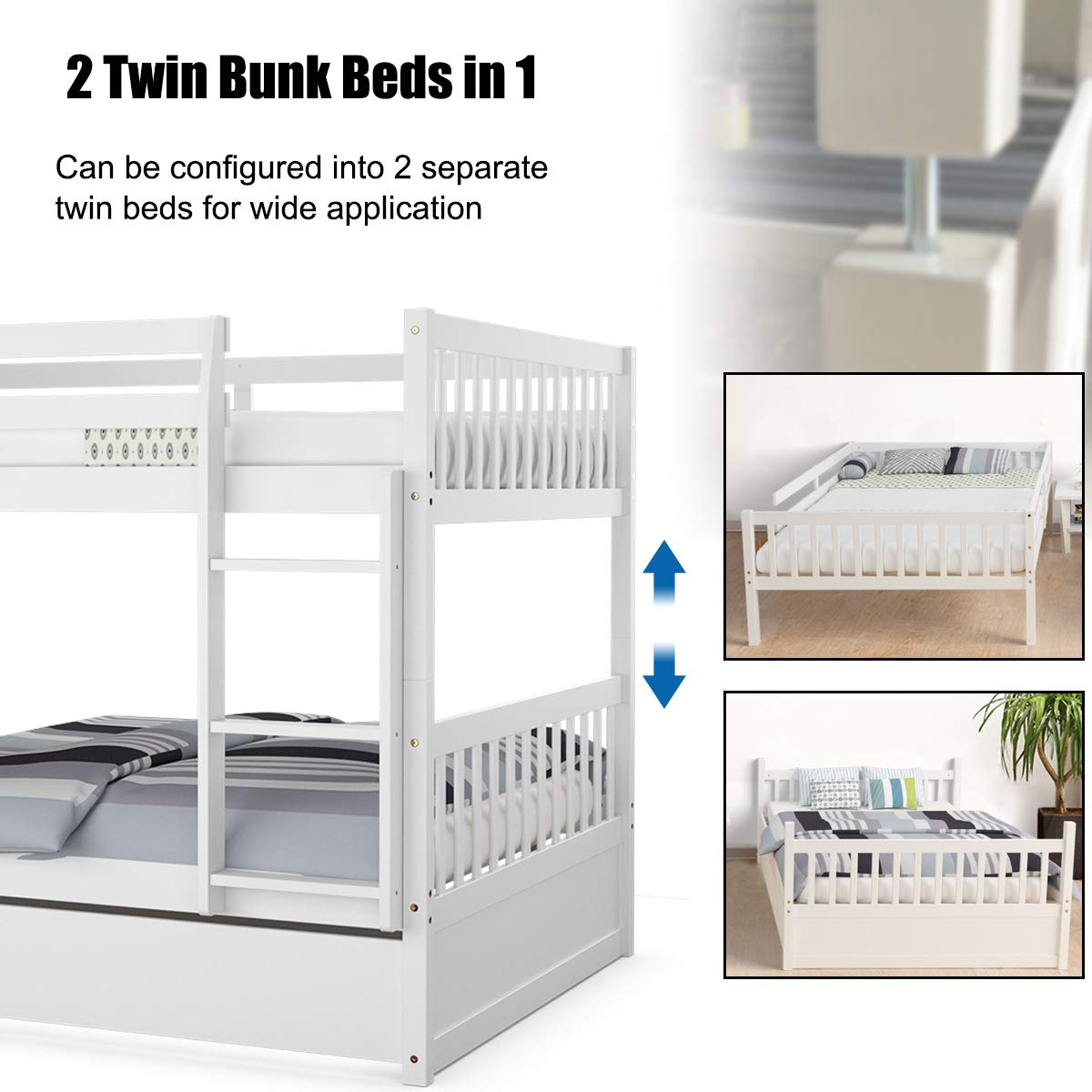 Full Over Full Wood Bunk Bed with Trundle, Ladder, Solid Wood Frame & Safety Guardrails