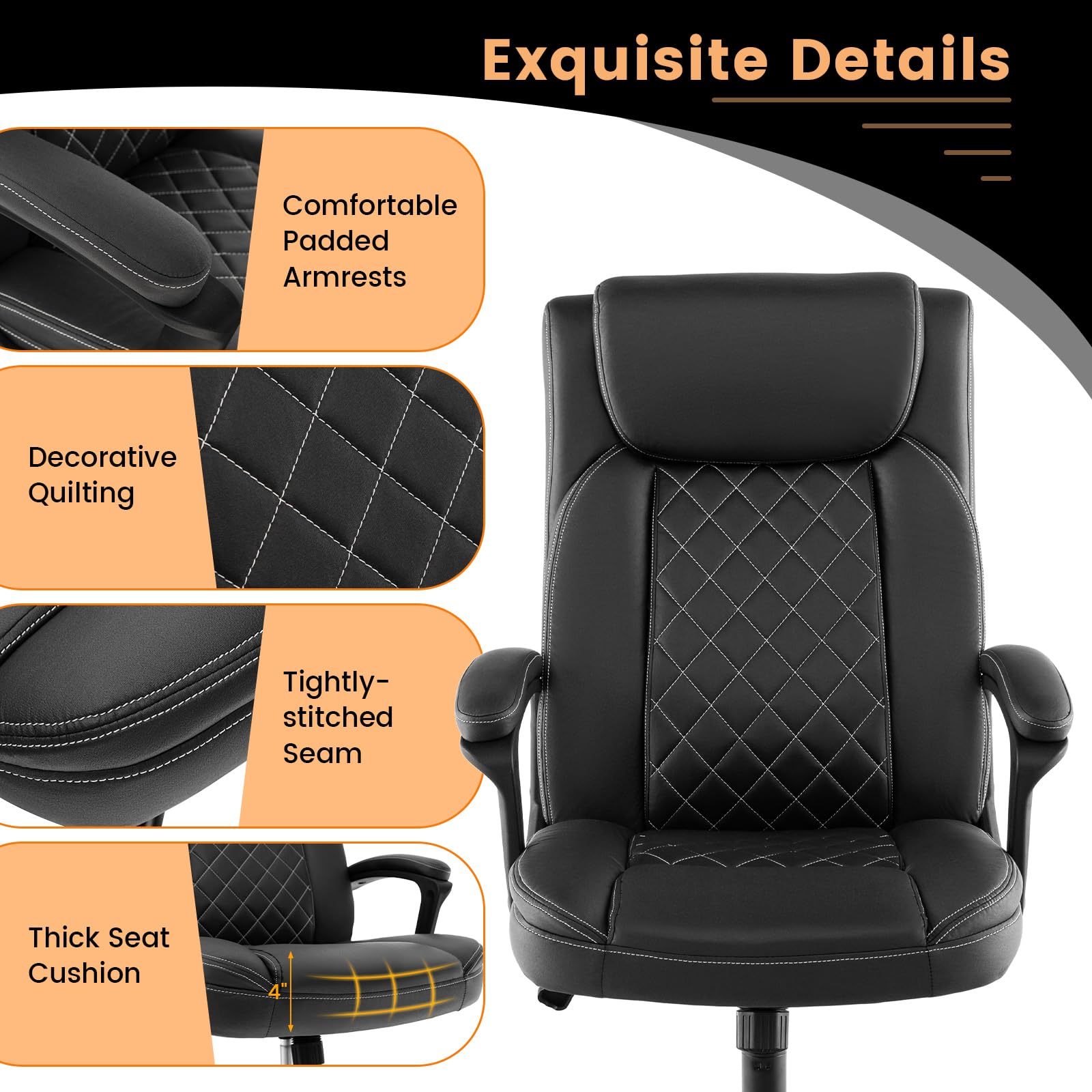 Executive Office Chair, Leather Like Desk Chair with Thick Headrest Cushion & Padded Armrests