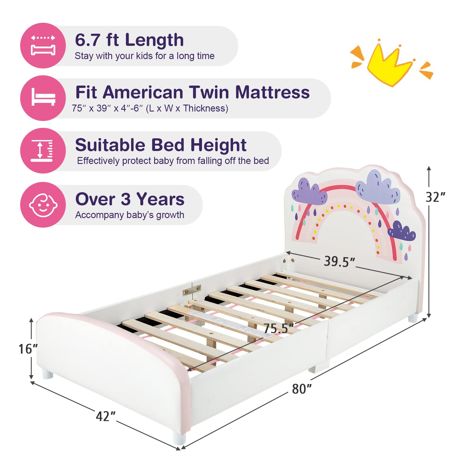 Kids Bed, Toddler Upholstered Platform Floor Bed w/Headboard & Wooden Slat Base
