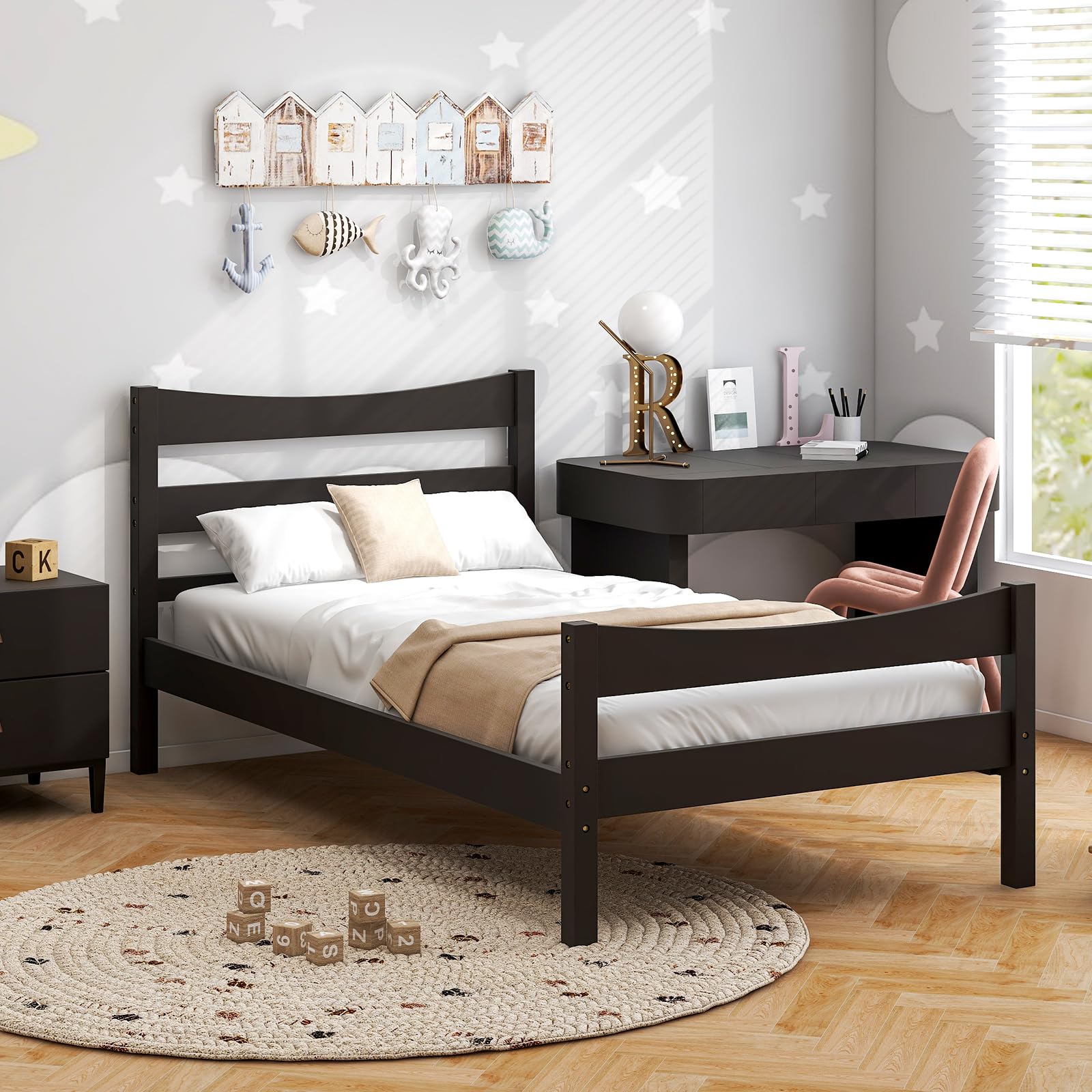 Twin Size Wood Bed Frame, Rustic Style Platform Bed w/Headboard & Footboard