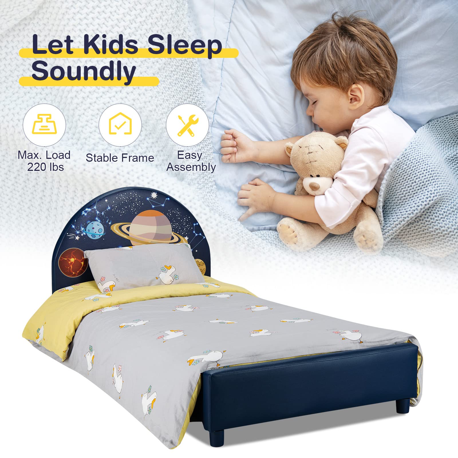 Kids Bed, Toddler Upholstered Platform Floor Bed w/Headboard & Wooden Slat Base