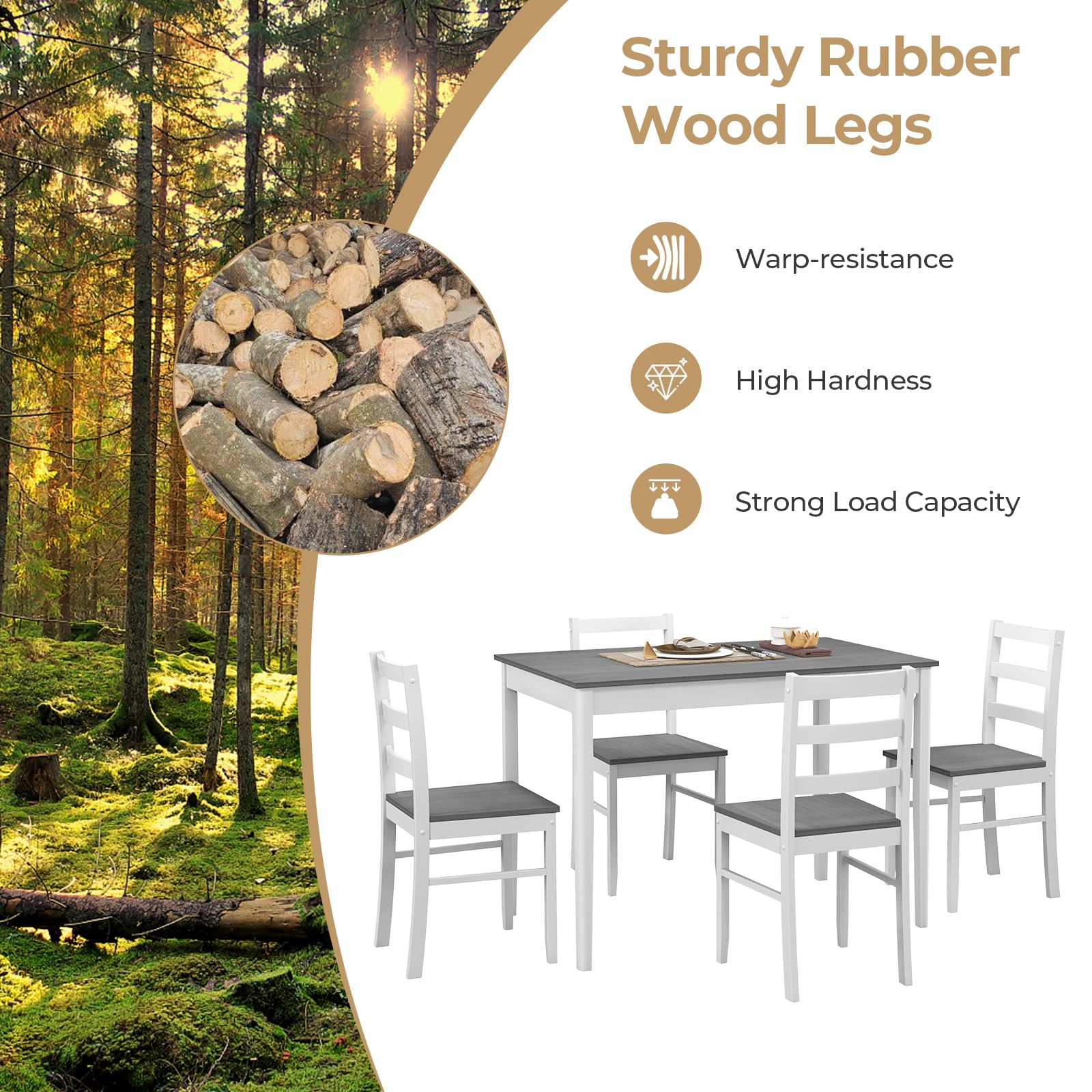 Dining Table Set for 4, Farmhouse Solid Wood Dining Set w/Rubber Wood Legs