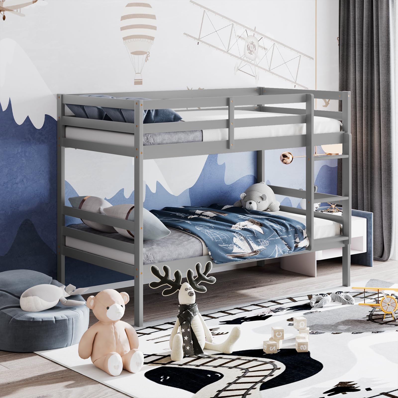 Twin Over Twin Wood Bunk Bed with Ladder & Safety Guardrail