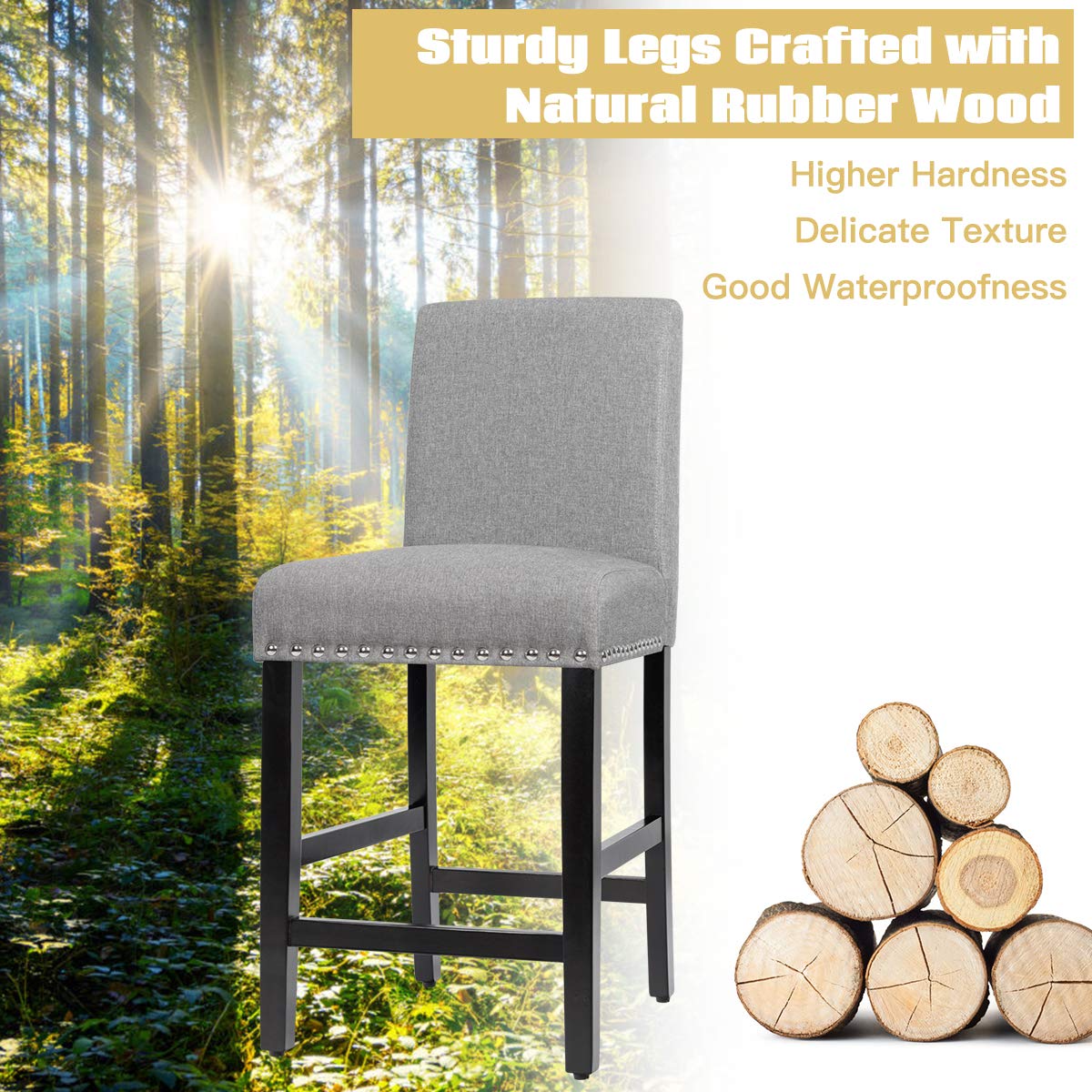 Bar Stools Set of 2/4, 25'' Counter Height Upholstered Bar Chairs w/ Rubber Wood Legs, Breathable Linen Fabric, Padded Seat & Backrest
