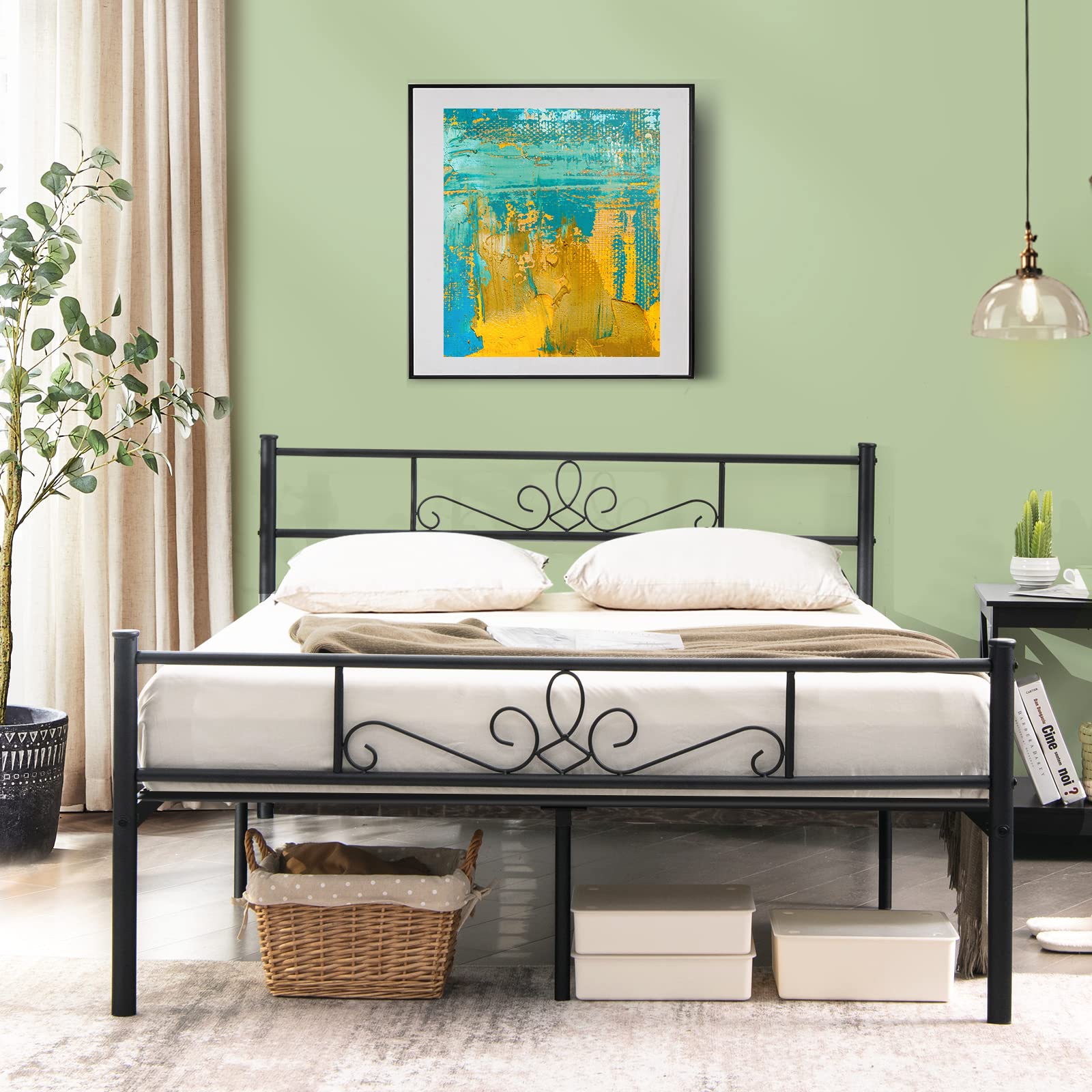 Metal Platform Bed Frame with Headboard & Footboard, Reinforced Metal Slats Supported Mattress Foundation