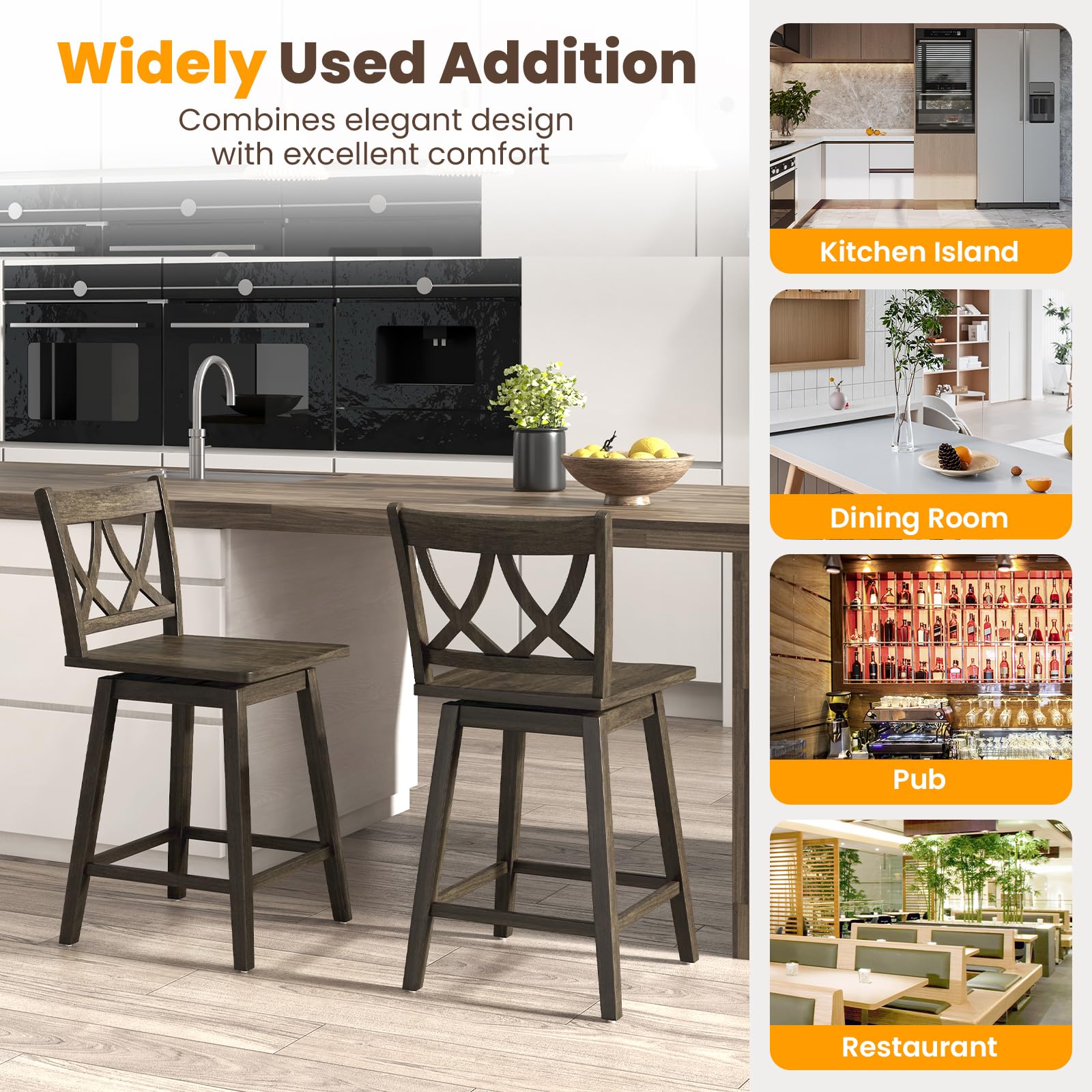 Swivel Wooden Bar Stools Set of 2/4 with Rubber Wood Frame, Footrest & Ergonomic Backrest