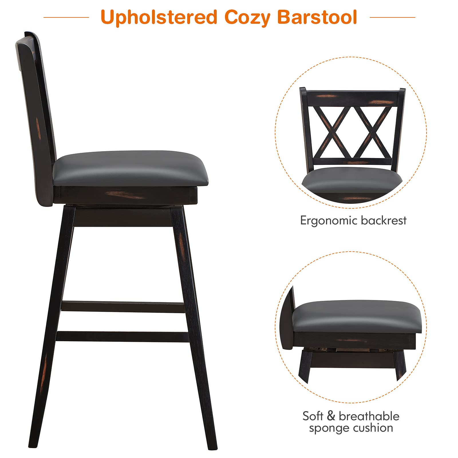 360 &deg; Swivel Bar Stool Set of 2/4 with Foot Rest Upholstered Cushion & Ergonomic Backrest