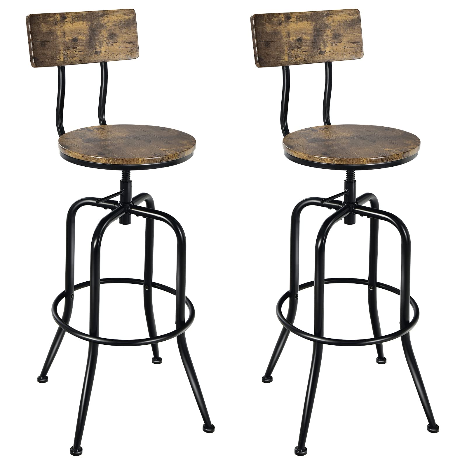 Bar Stools Set of 2/4, Industrial Counter Height Bar Chairs with Height Adjustable Seat, Arc-shaped Backrest & Footrest