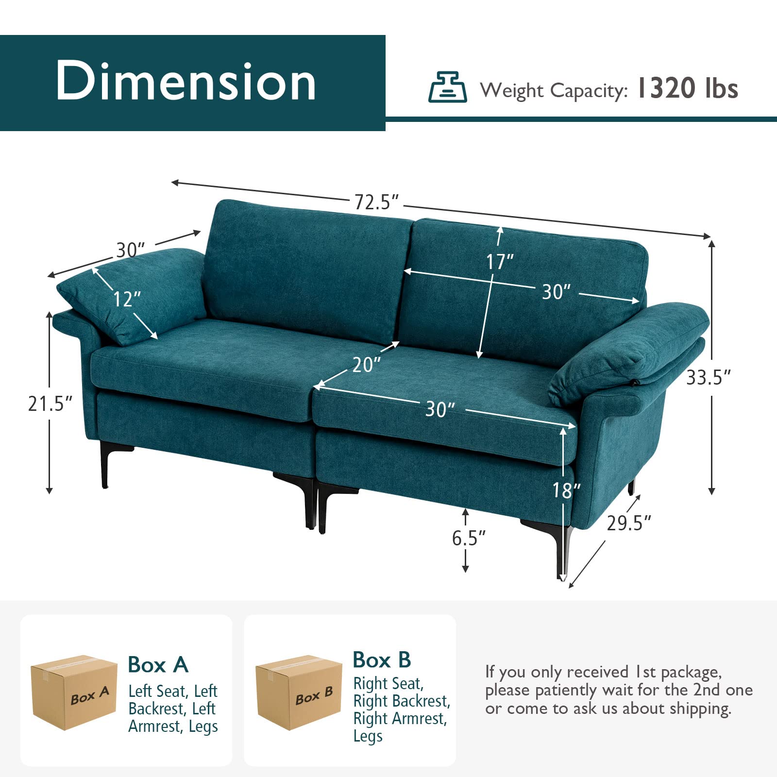 72.5" Loveseat Sofa Couch, Modern Love Seat with Removable Armrest Pillows