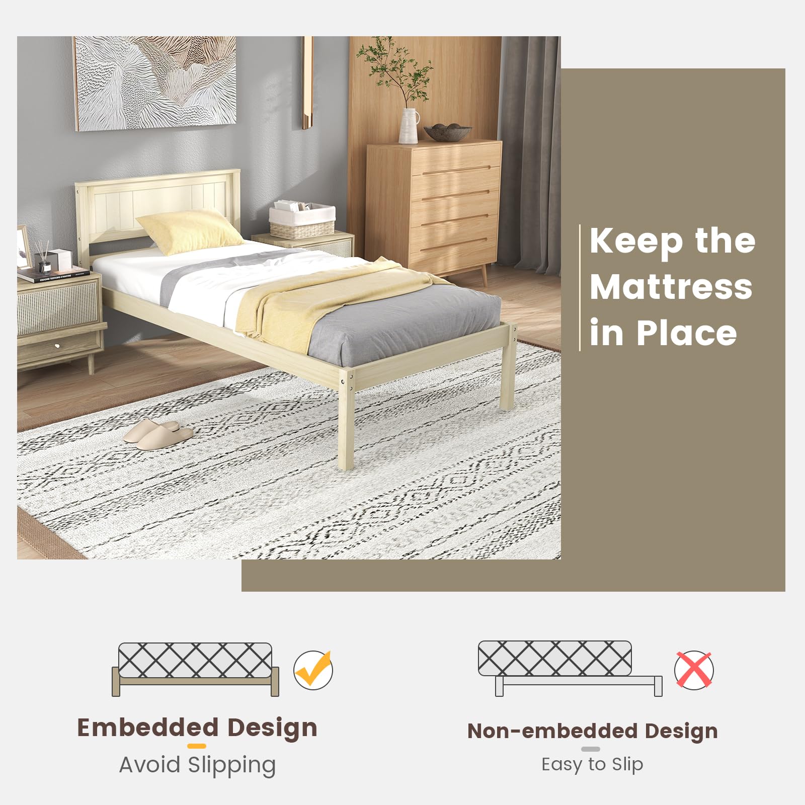 Wooden Platform Bed Frame with Headboard & Wood Slat Support
