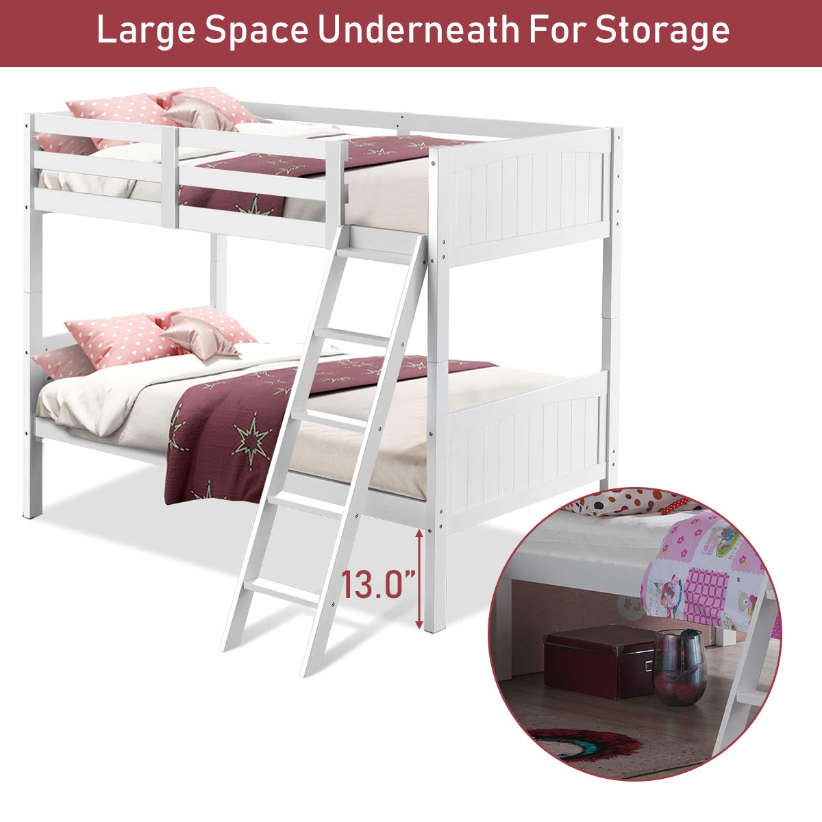 Wood Twin Over Twin Bunk Beds, Convertible 2 Individual Twin Beds for Kids Children