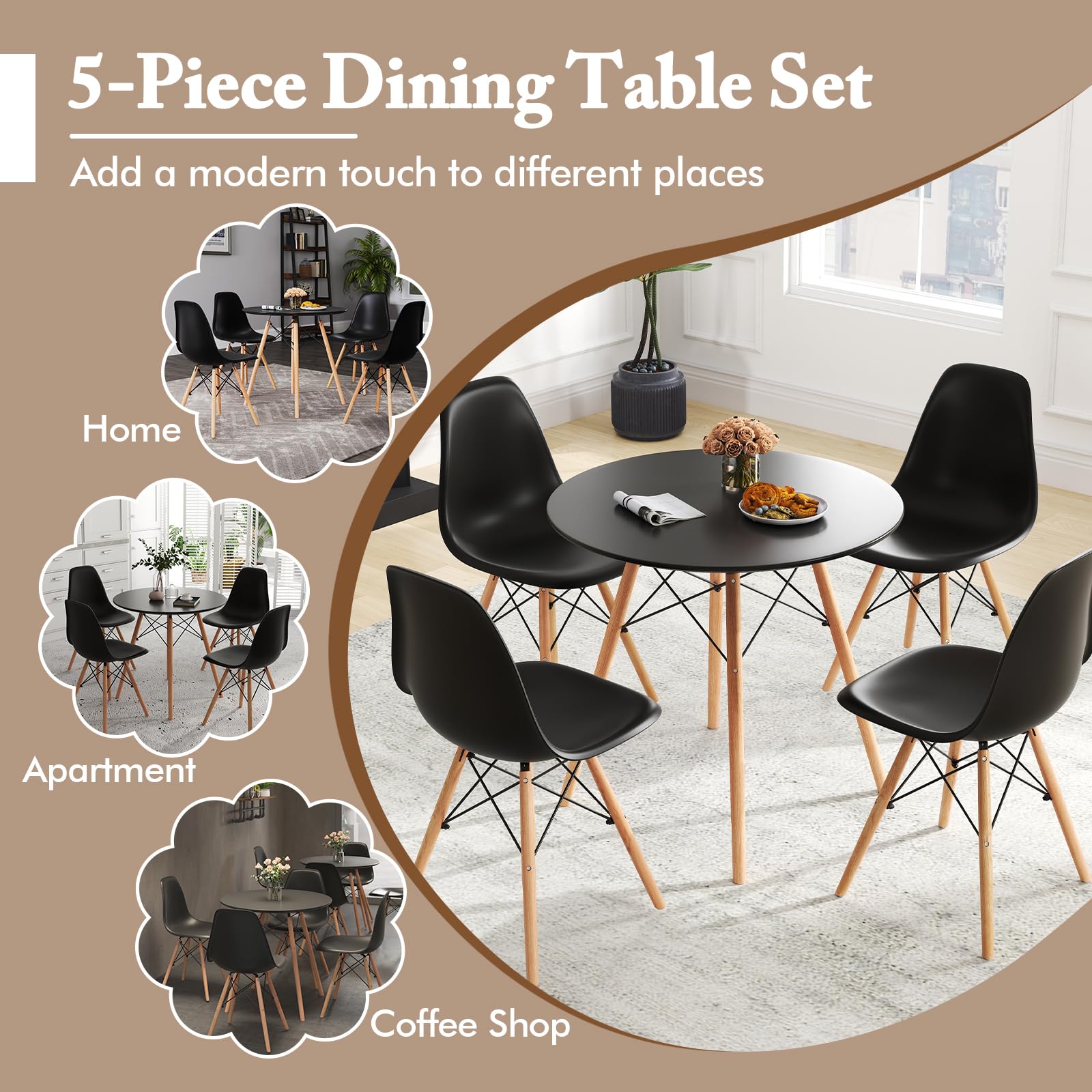 Round Dining Table Set for 4, Modern 31.5" D Dining Table & 4 Dining Chairs with Solid Wood Legs