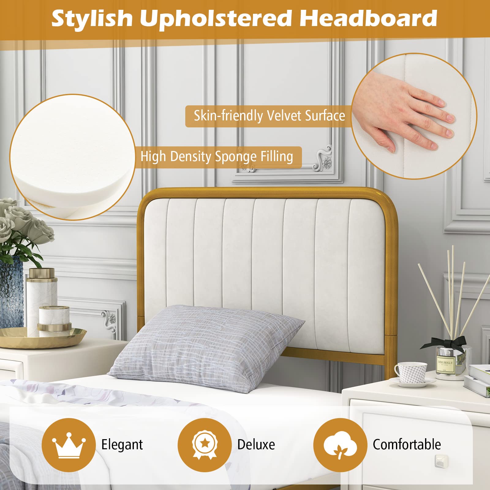 Gold Metal Bed Frame, Heavy-Duty Metal Mattress Foundation with Velvet Headboard and Footboard