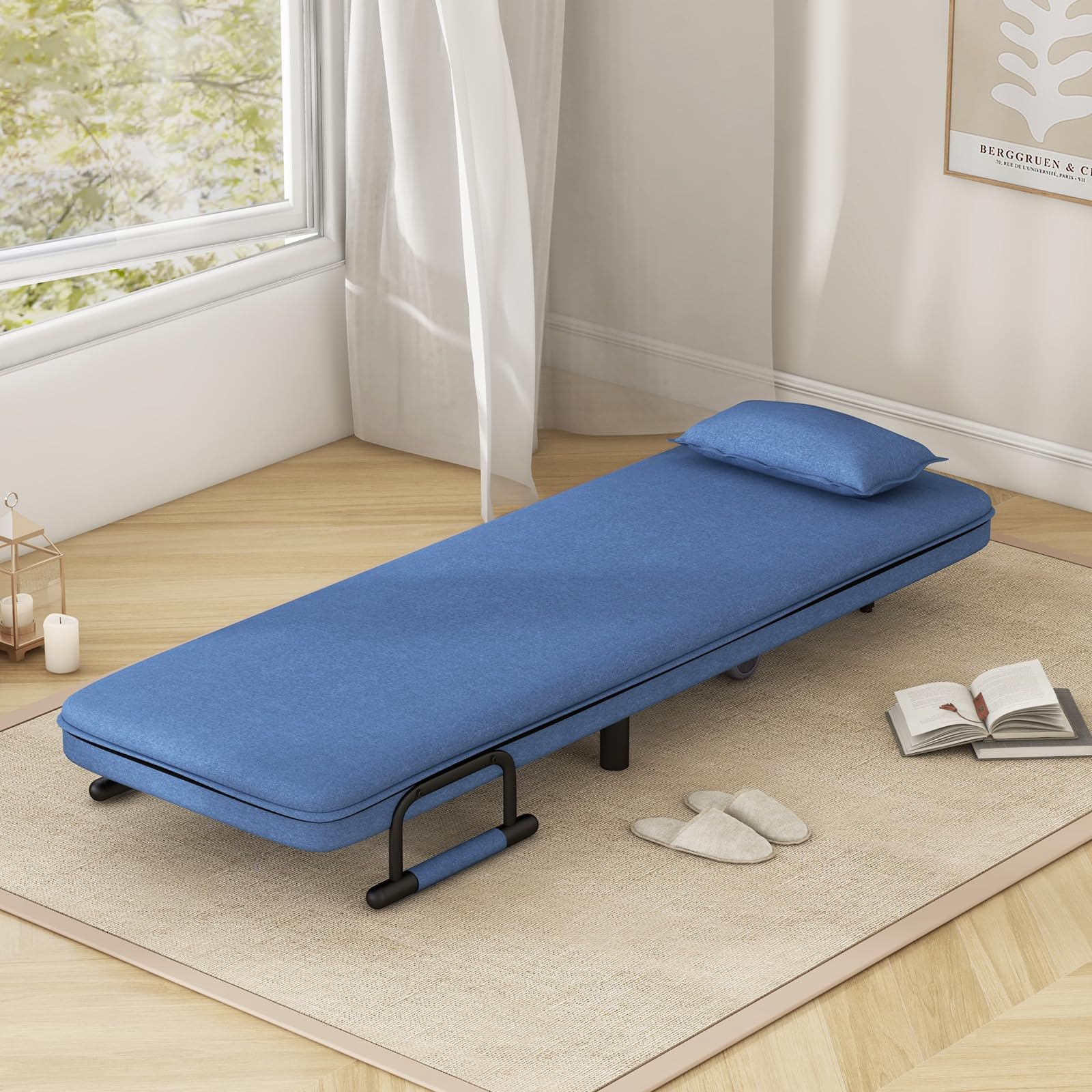 Convertible Chair Bed with 5-Position Adjustable Backrest & Lumbar Pillow, 2 Hidden Metal Legs & 2 Lockable Casters