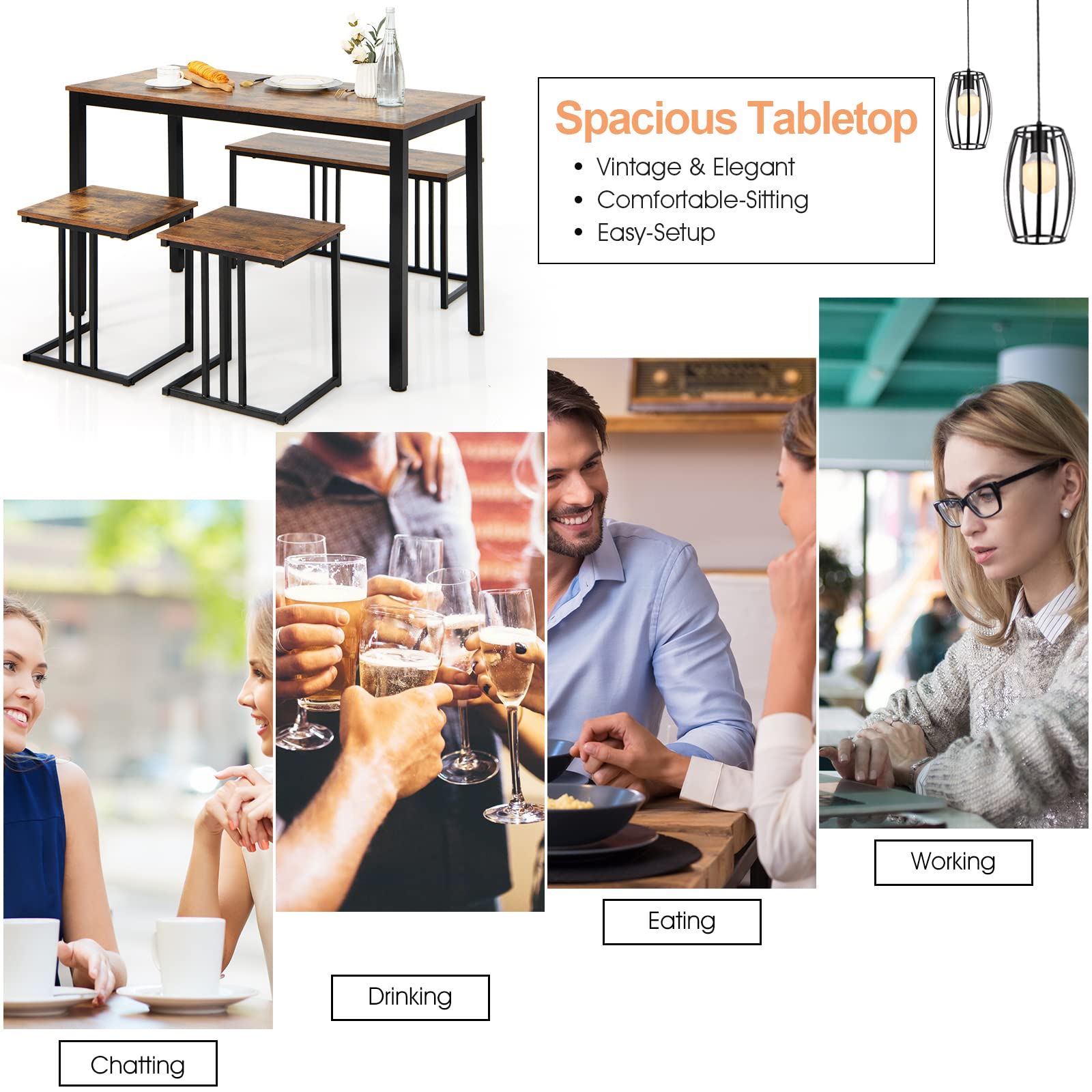 4 Piece Dining Table Set for 4 with Bench & 2 Stools, Space-Saving Desk Set