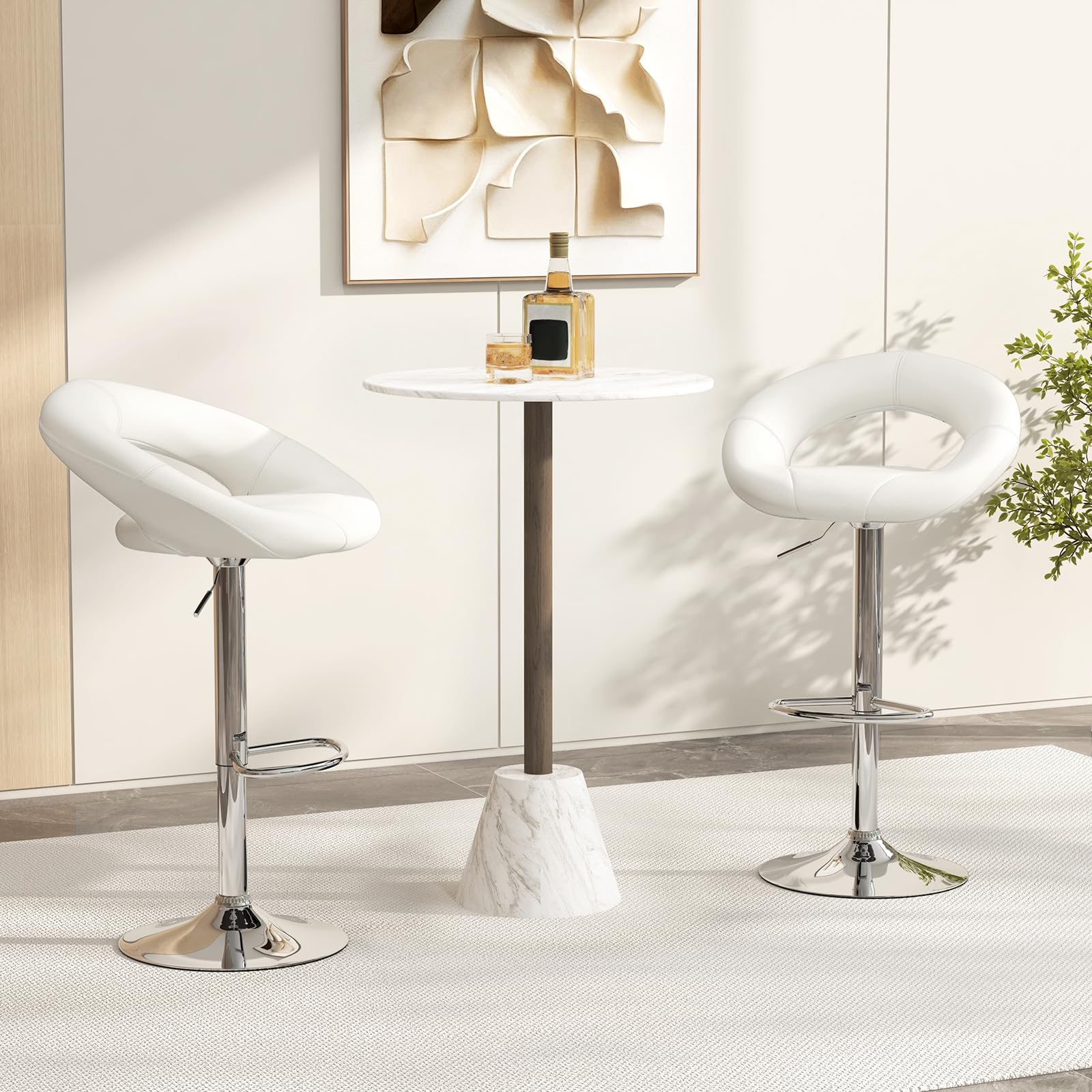 Adjustable Swivel Bar Stools Set of 2/4, Modern PU Leather Counter Height Bar Chairs w/Hollowed Back, Footrest, Metal Base