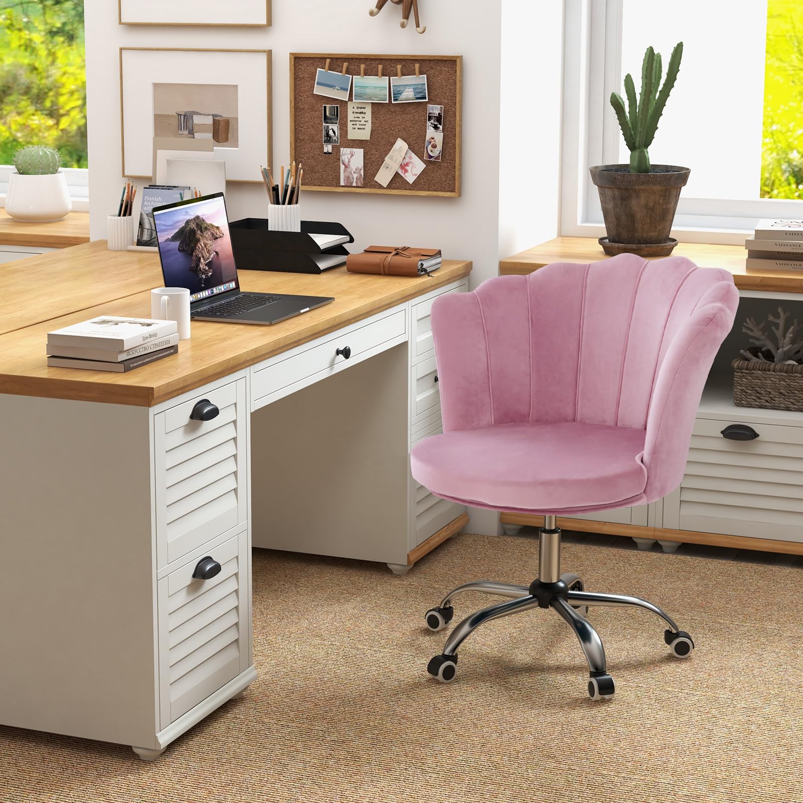 Velvet Office Desk Chair Pink, Modern Vanity Chair with Seashell Back