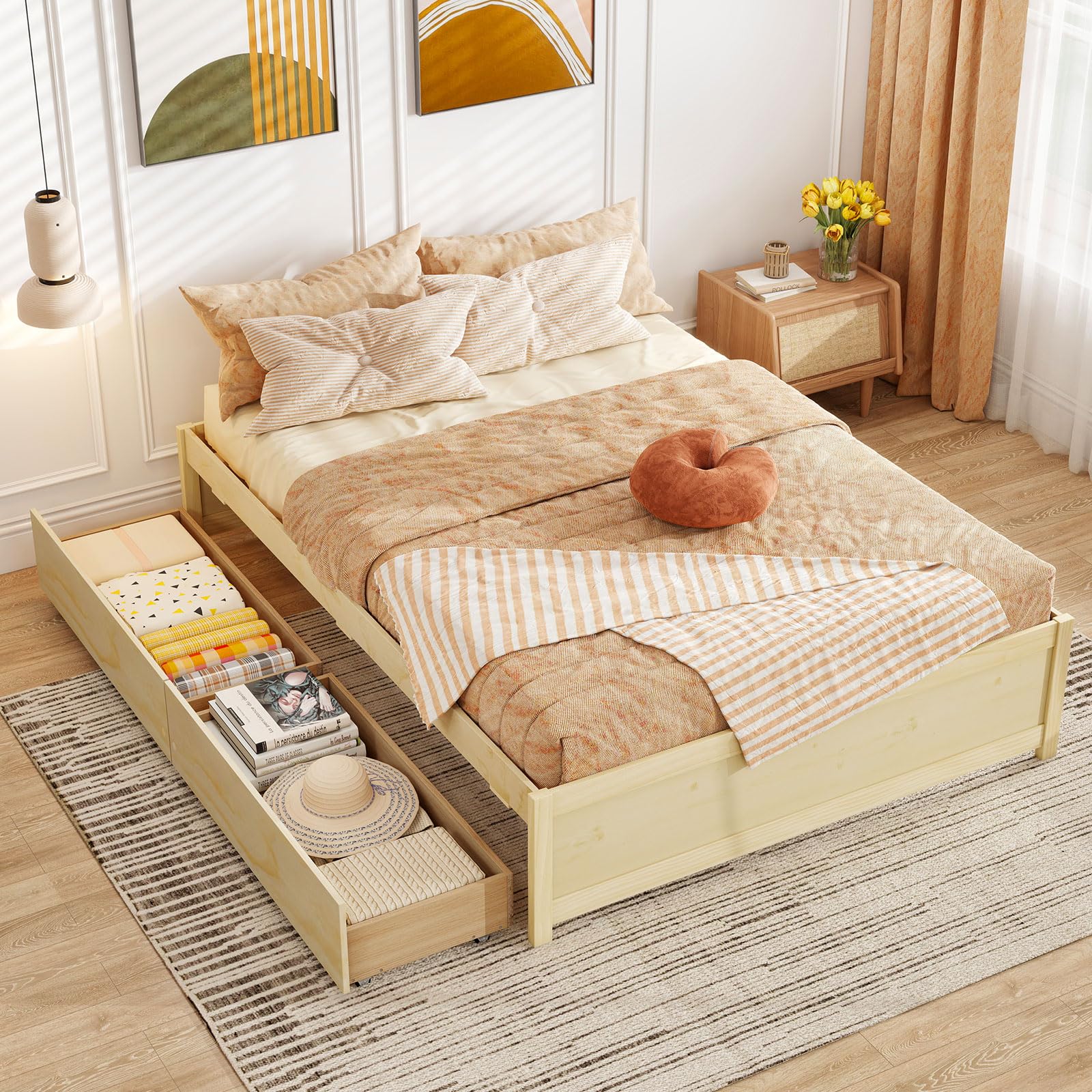 Bed Frame with 2 Storage Drawers, Solid Wood Platform Bed with Slats Support