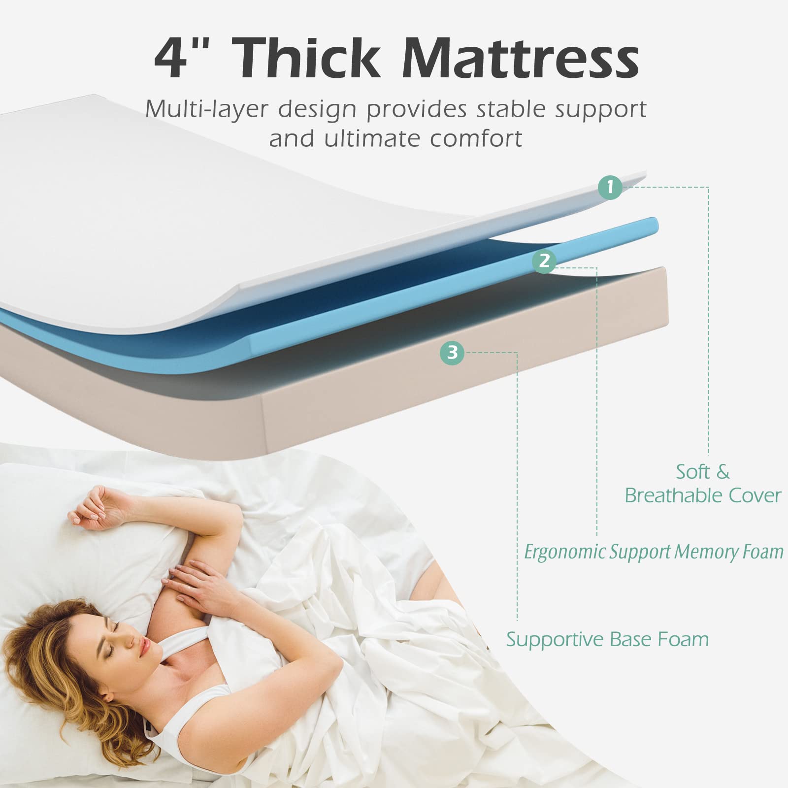 Folding Bed with 4 Inch Mattress, Storage Cover and Memory Foam Mattress