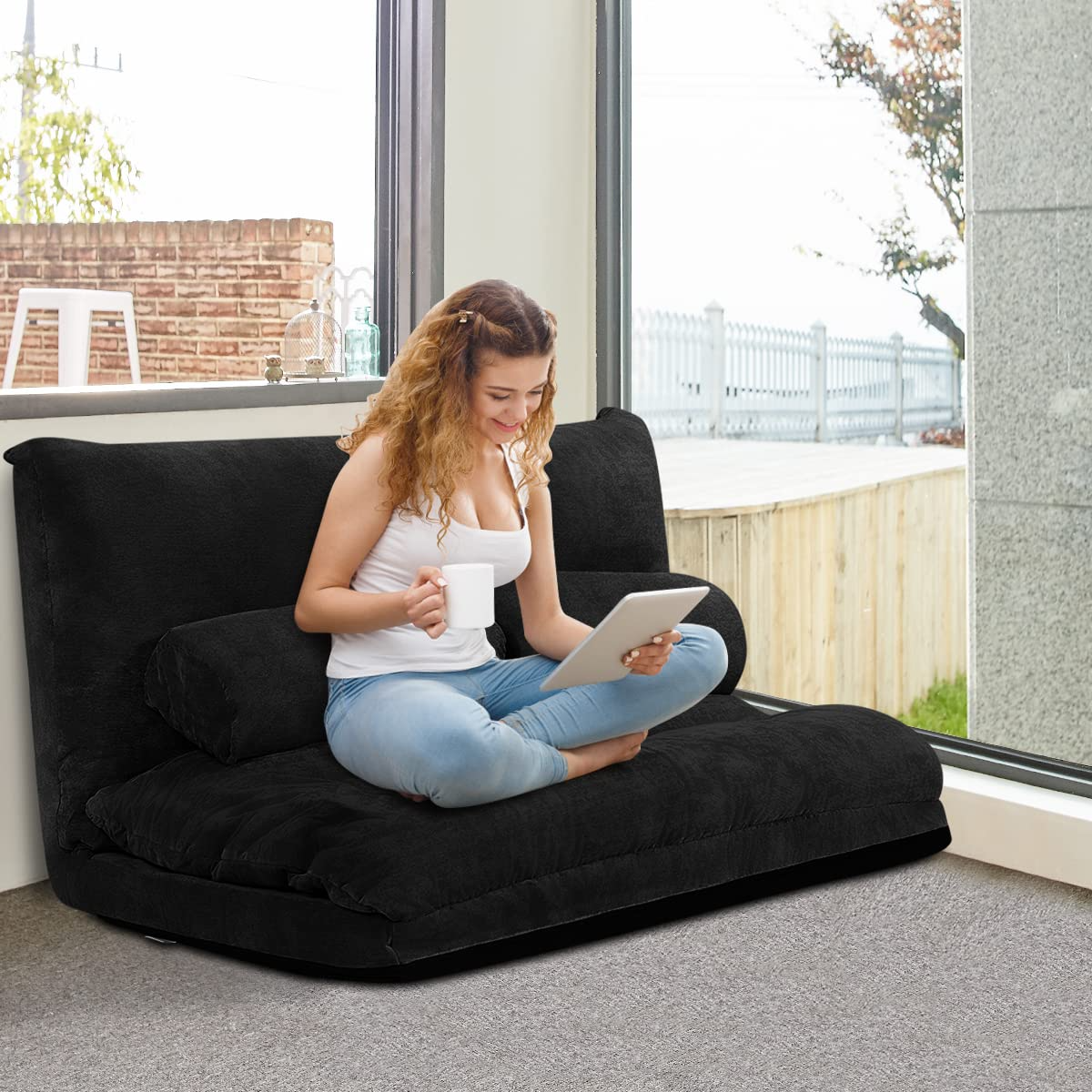 Multi-Functional 6-Position Foldable Lazy Floor Sofa with 2 Pillows
