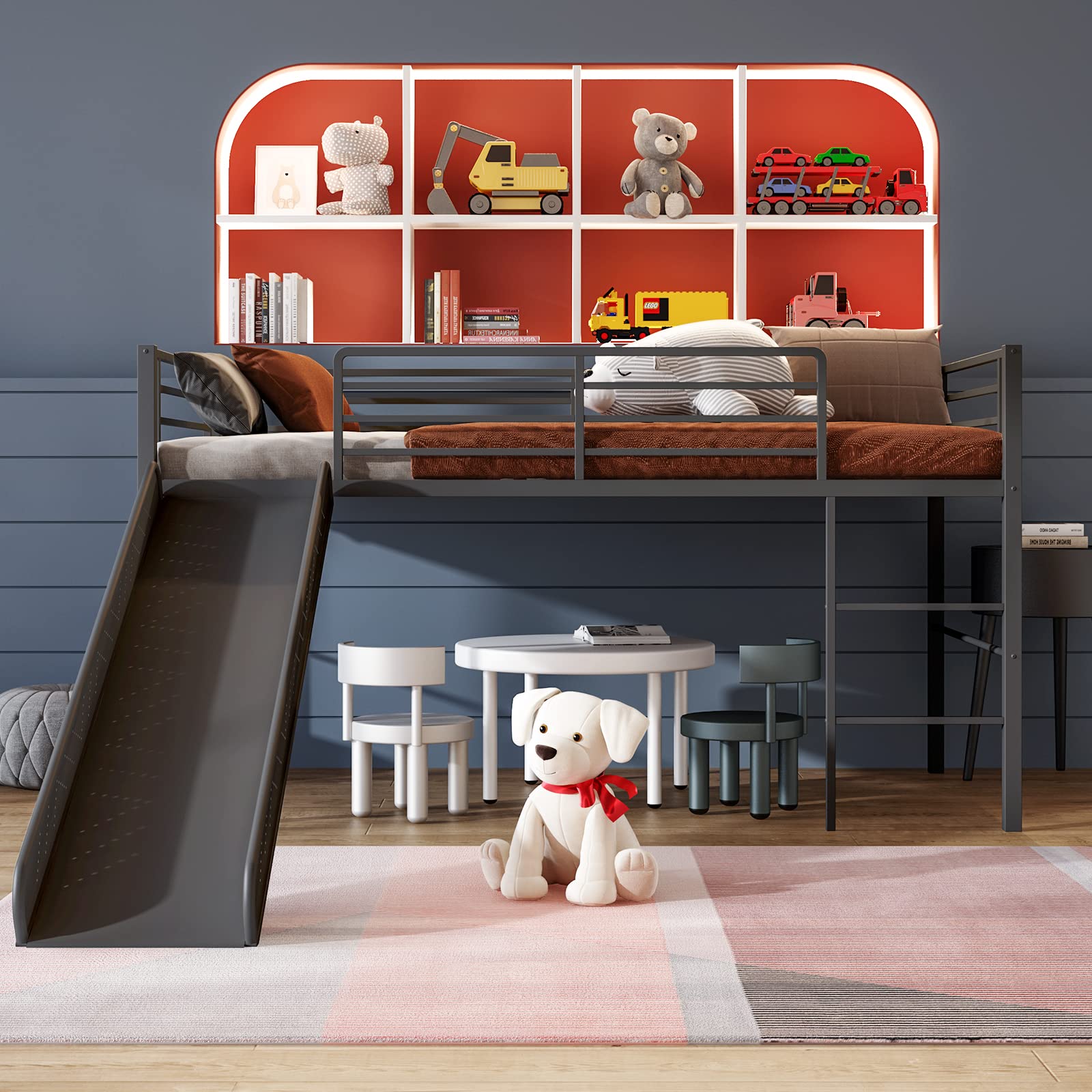 Twin Metal Low Loft Bed with Slide, Safety Guardrails & Built-in Ladder