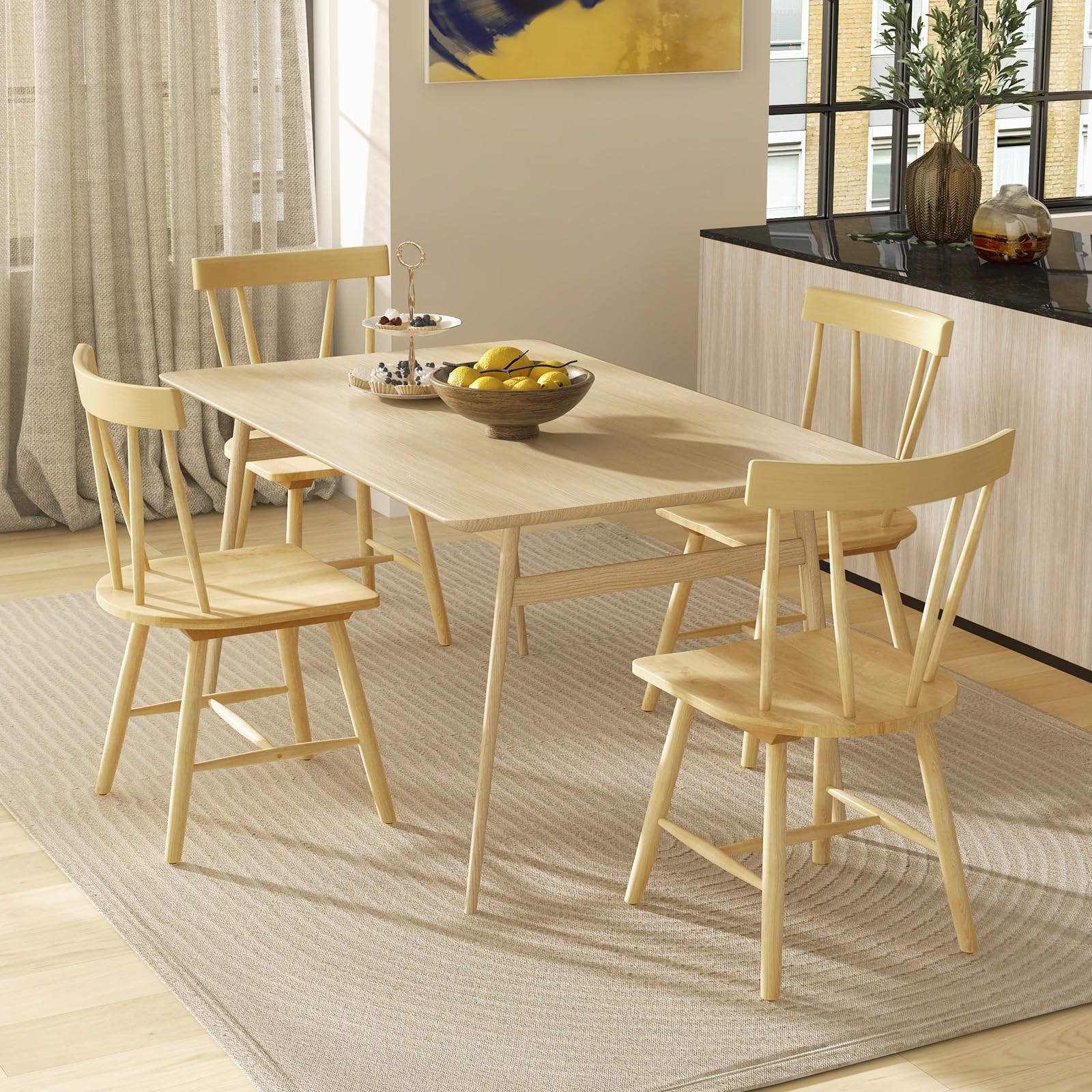 Set of 2/4 Windsor Chairs, Rubber Wood Dining Chairs with Spindle Back, Wide Seats, Anti-Slip Foot Pads