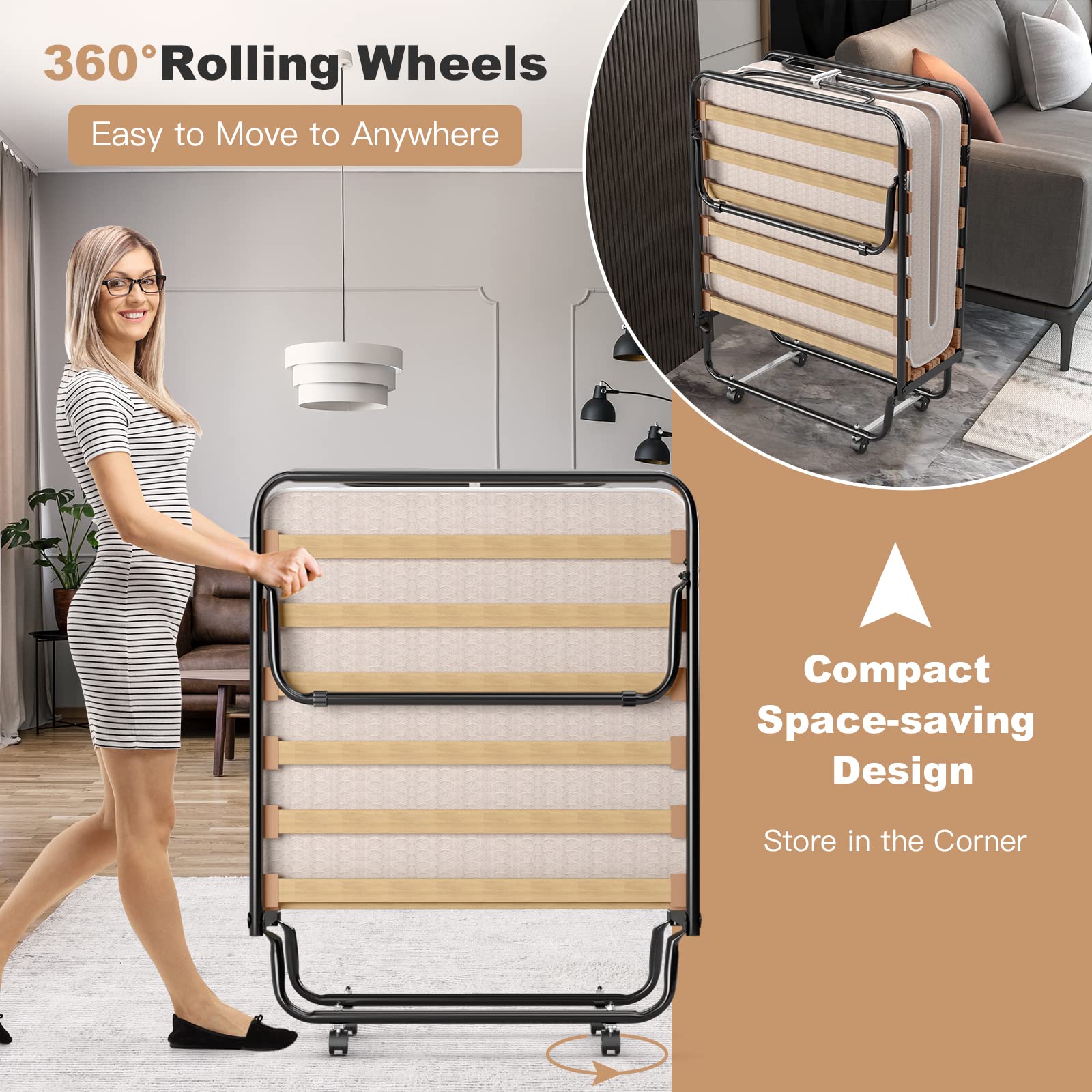 Folding Bed with Mattress for Adults, Rollaway Guest Beds w/Memory Foam Mattress & Metal Frame