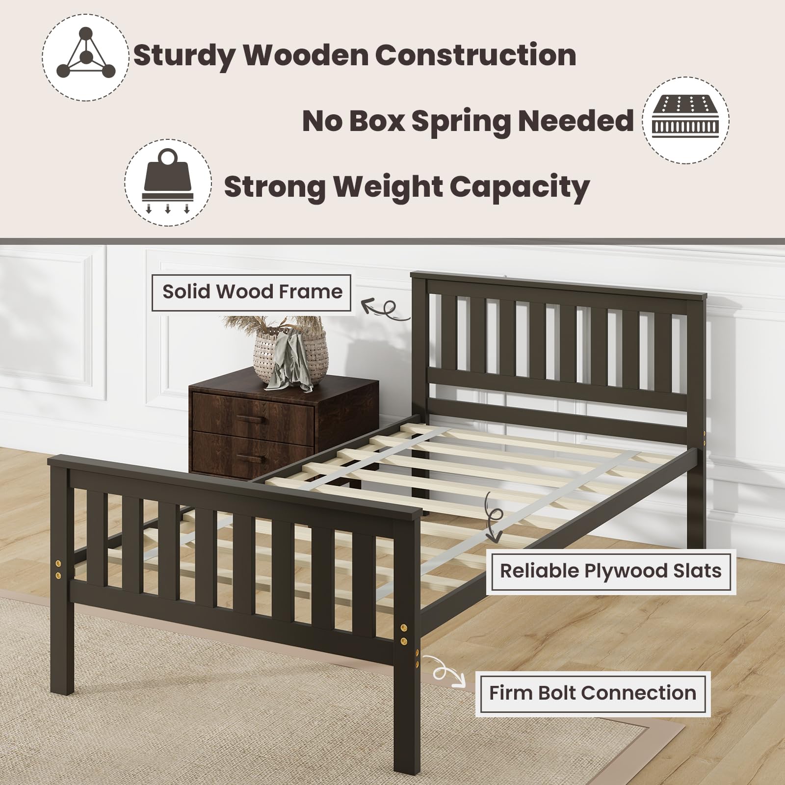 Wood Platform Bed Frame with Headboard, Wooden Slats Support, 12" Under-Bed Storage Space
