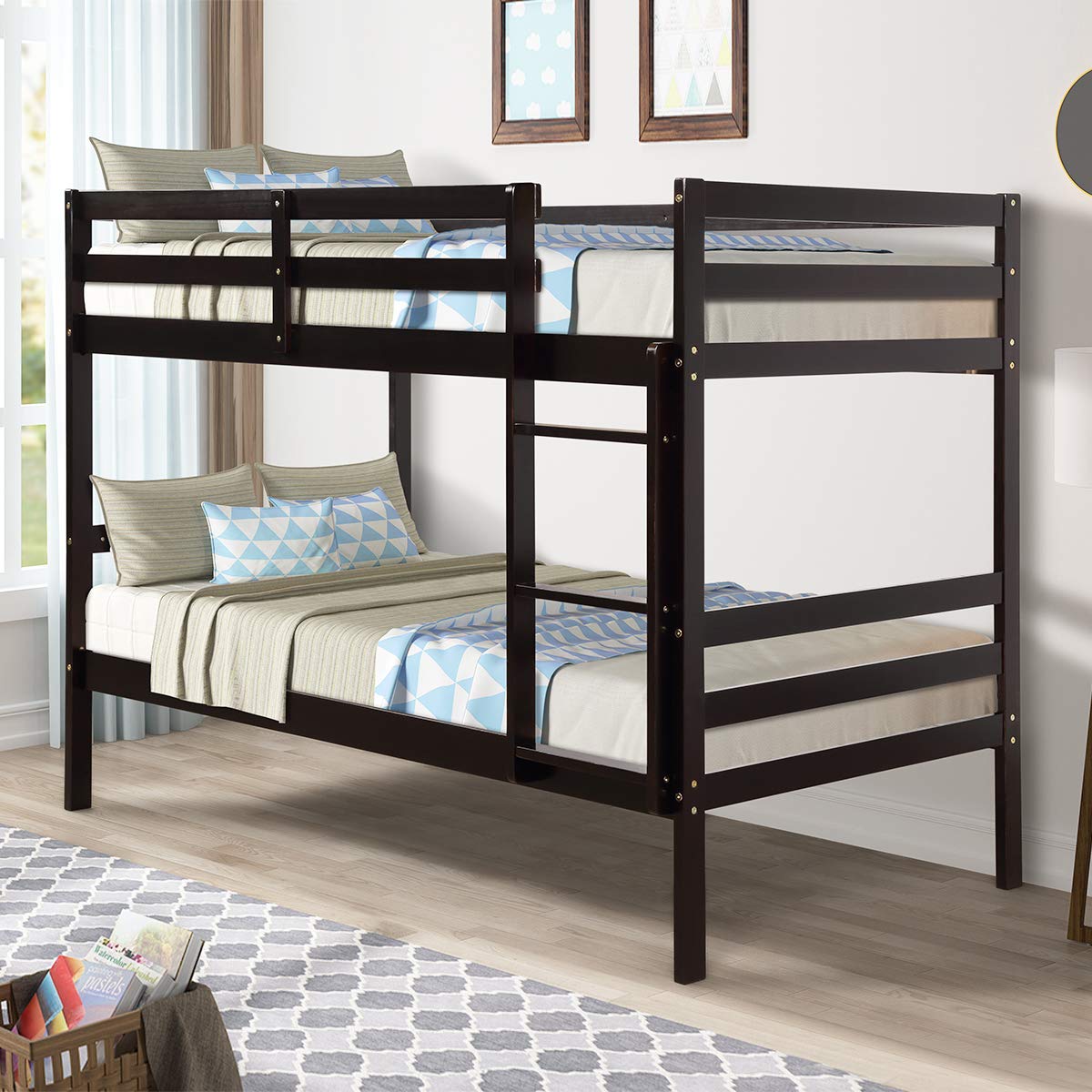 Twin Over Twin Wood Bunk Bed with Ladder & Safety Guardrail