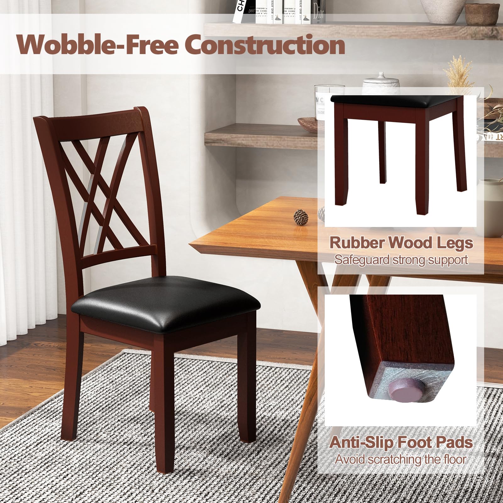 Wood Dining Chairs Set of 2/4, Faux Leather Upholstered Kitchen Chairs with Rubber Wood Legs, Padded Seat