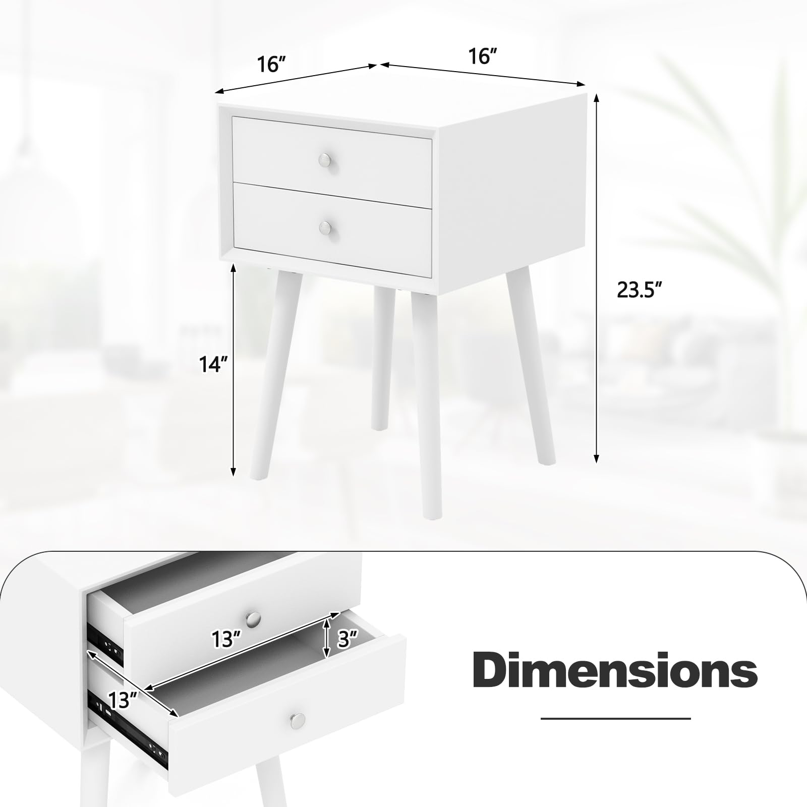 2-Drawer Nightstand, Mid-Century Modern Bed Side Table with Storage