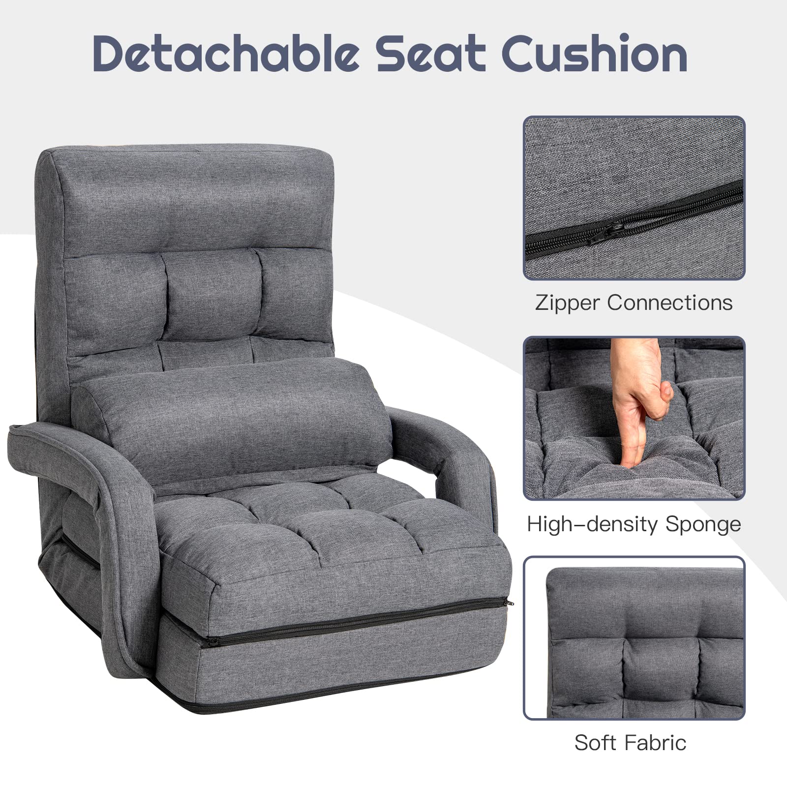 Adjustable Floor Chair, Folding Lazy Sofa Chair with 5 Positions, Detachable Seat Cushion