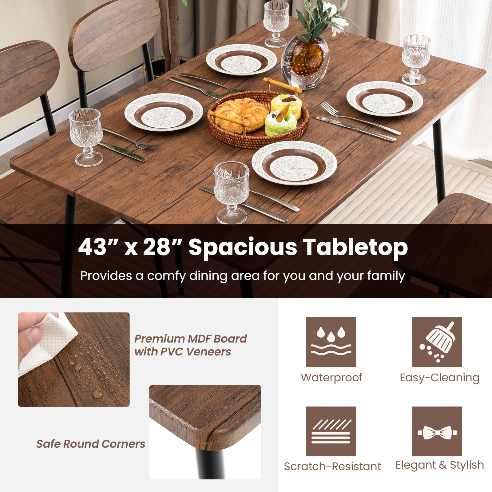 Dining Table Set for 4, Mid-Century Kitchen Furniture Set with Kitchen Table, 4 Dining Chairs