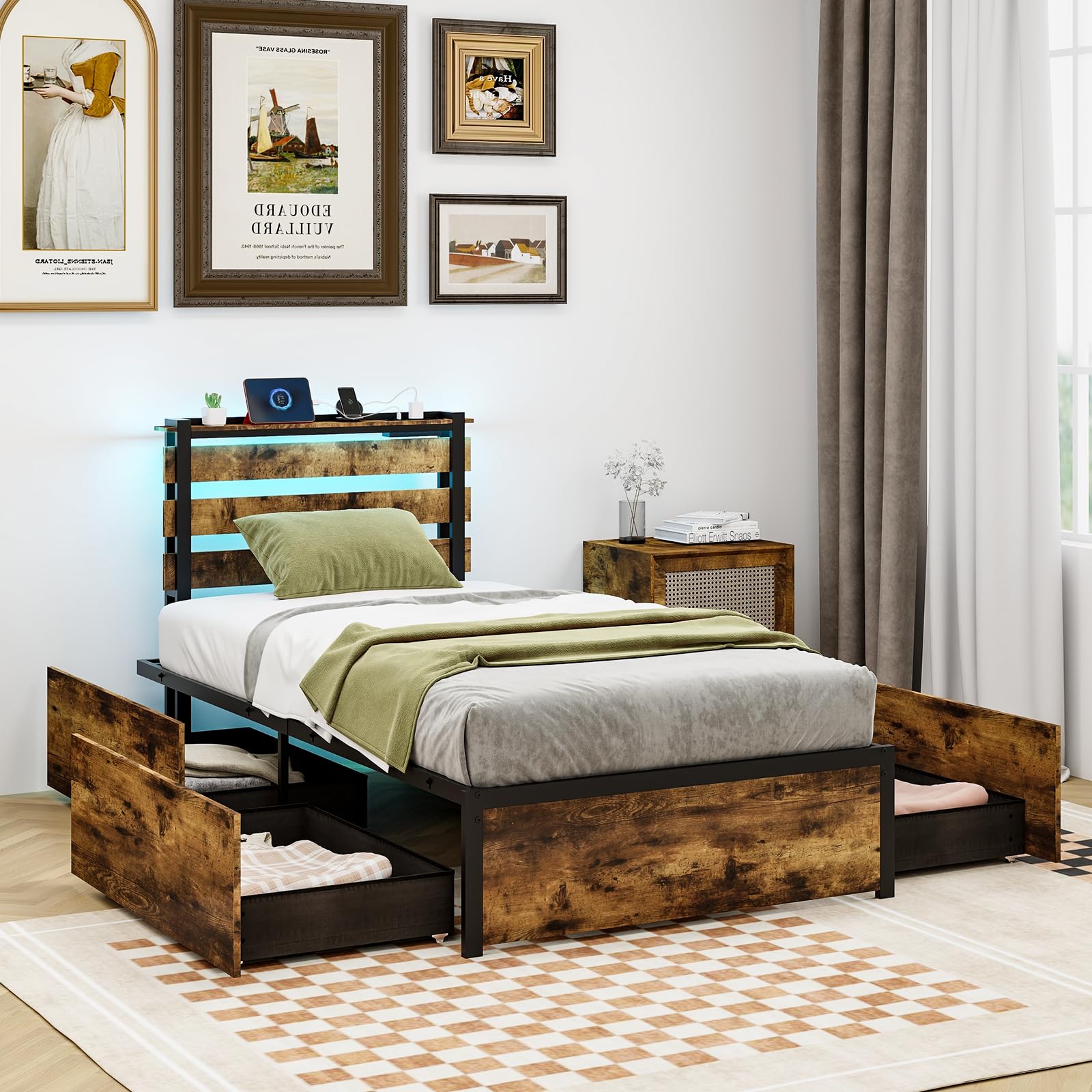 Industrial Bed Frame with 4 Drawers & LED Lights Headboard
