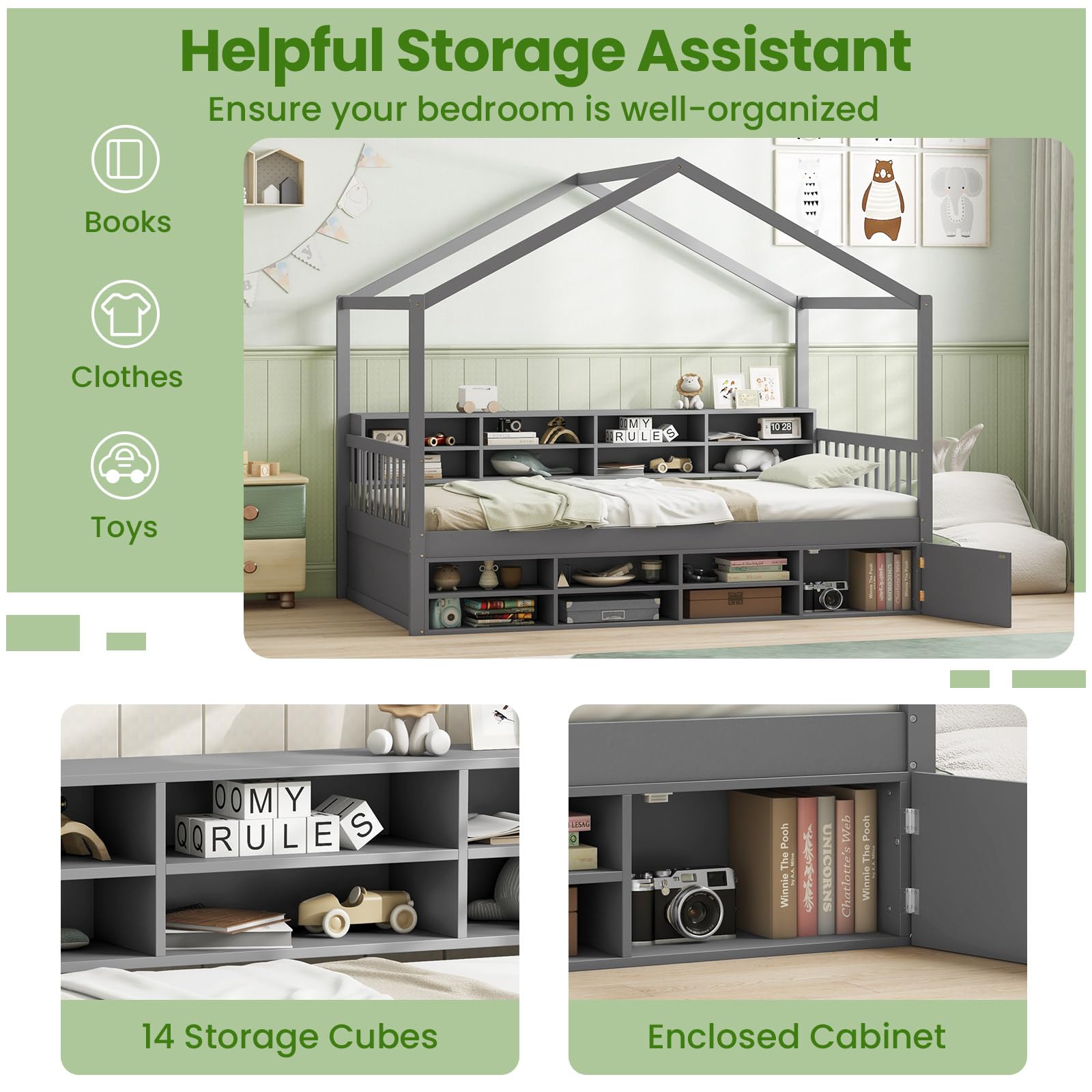 Twin Size House Bed with Storage, Wooden Montessori House Bed with 14 Storage Cubes, Enclosed Cabinet, Wood Slats & Fencing