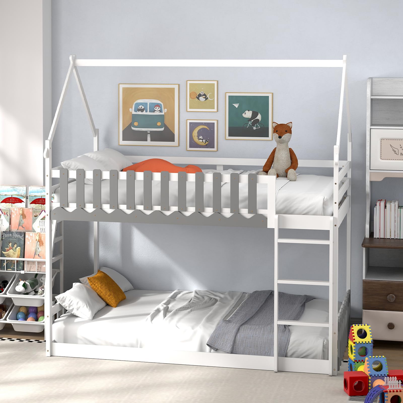 Wood Twin Over Twin House Bunk Bed, Solid Wood Low Bunk Bed with Ladder, Safety Guardrails & Fences
